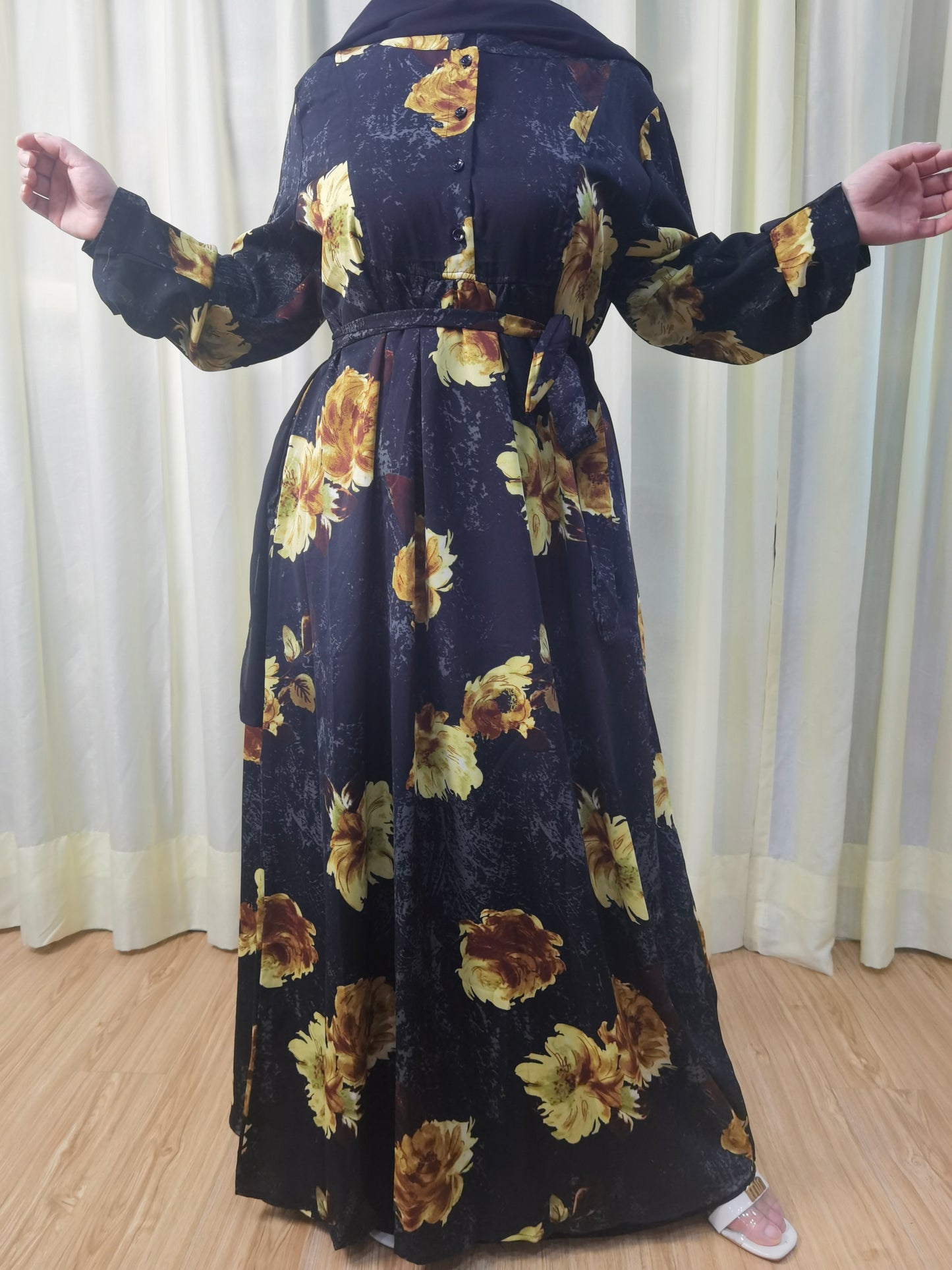 A8【Y013】Women Dubai Watercolour printing Long Maxi Dress Long Sleeves for 2024 eid new fabeic new style