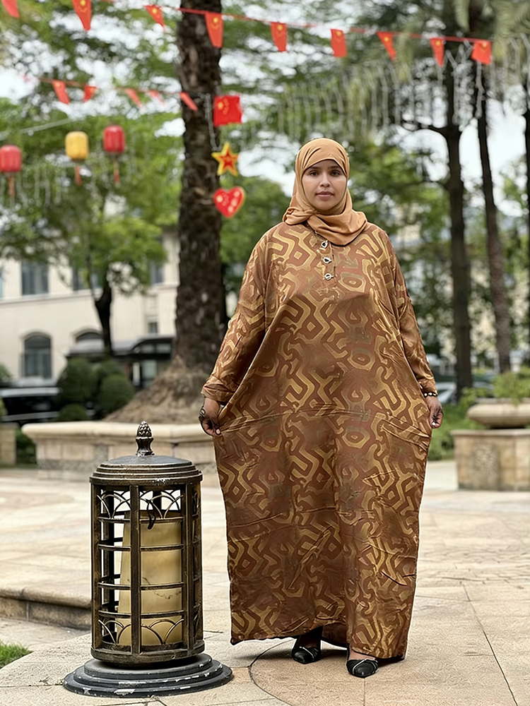 Ethnic Geometric Print Polyester Long Sleeve Ankle Length Abaya for Muslim Women Daily Dress