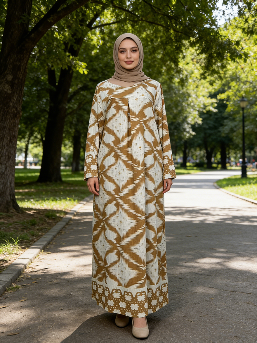 Modest Style Long Abaya dress Geometric/Floral Pattern four Size Linen Summer Wedding Casual Wear