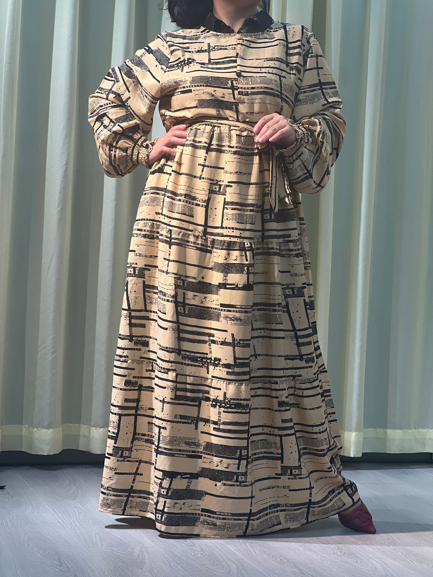 A7【H0529】Muslim Dubai Women's Watercolor Print Pleated Long Sleeve Loose Dress