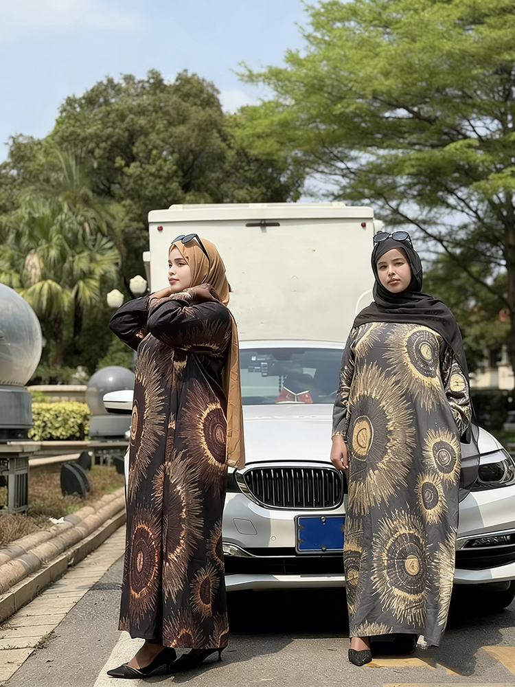 Fashion Linen Abaya Four Size Breathable Gradient Digital Printing Patterns Hijabs Muslim Women Modest Dress