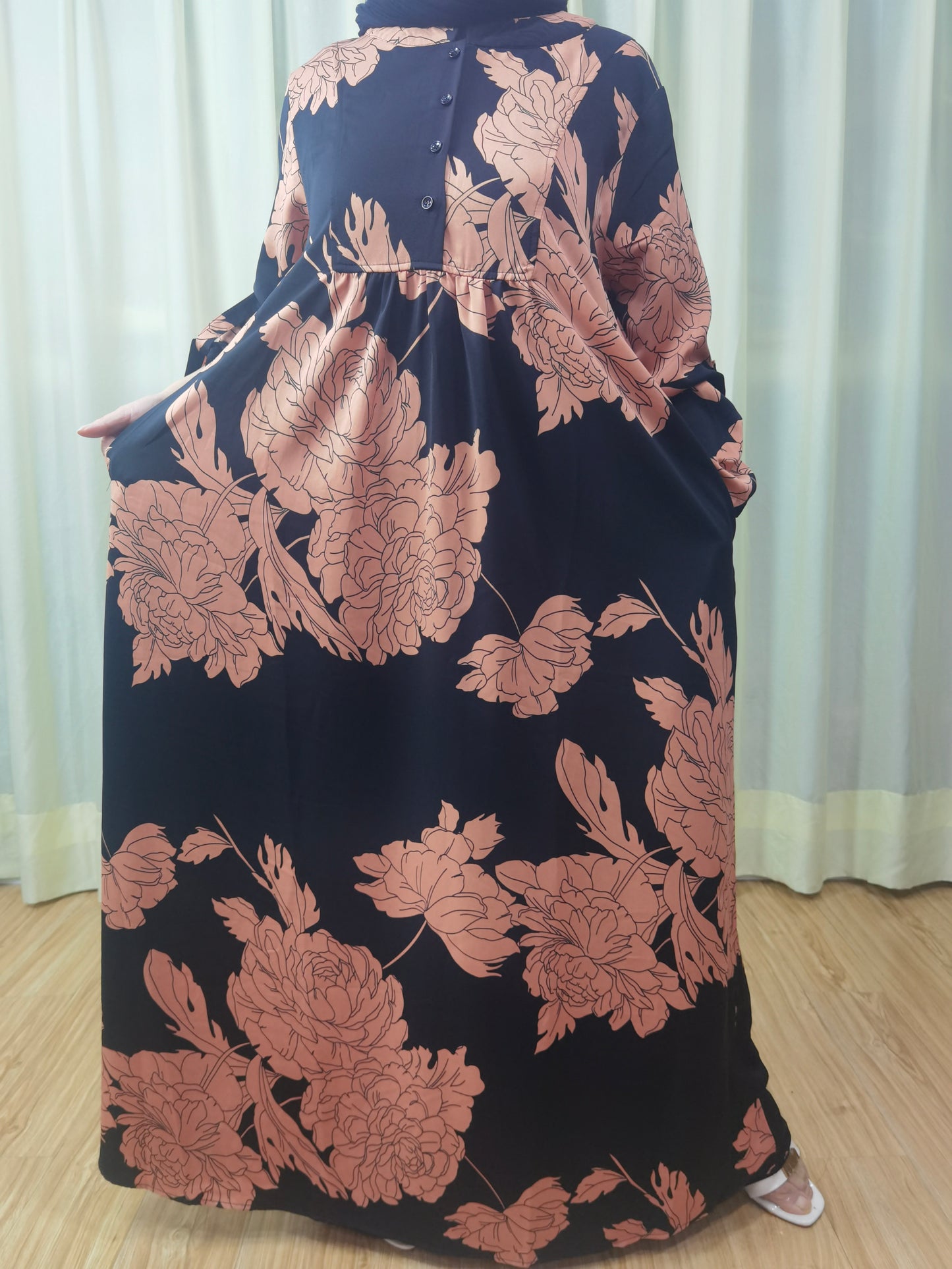 A1【Y013】Women Dubai Watercolour printing Long Maxi Dress Long Sleeves for 2024 eid new fabeic new style