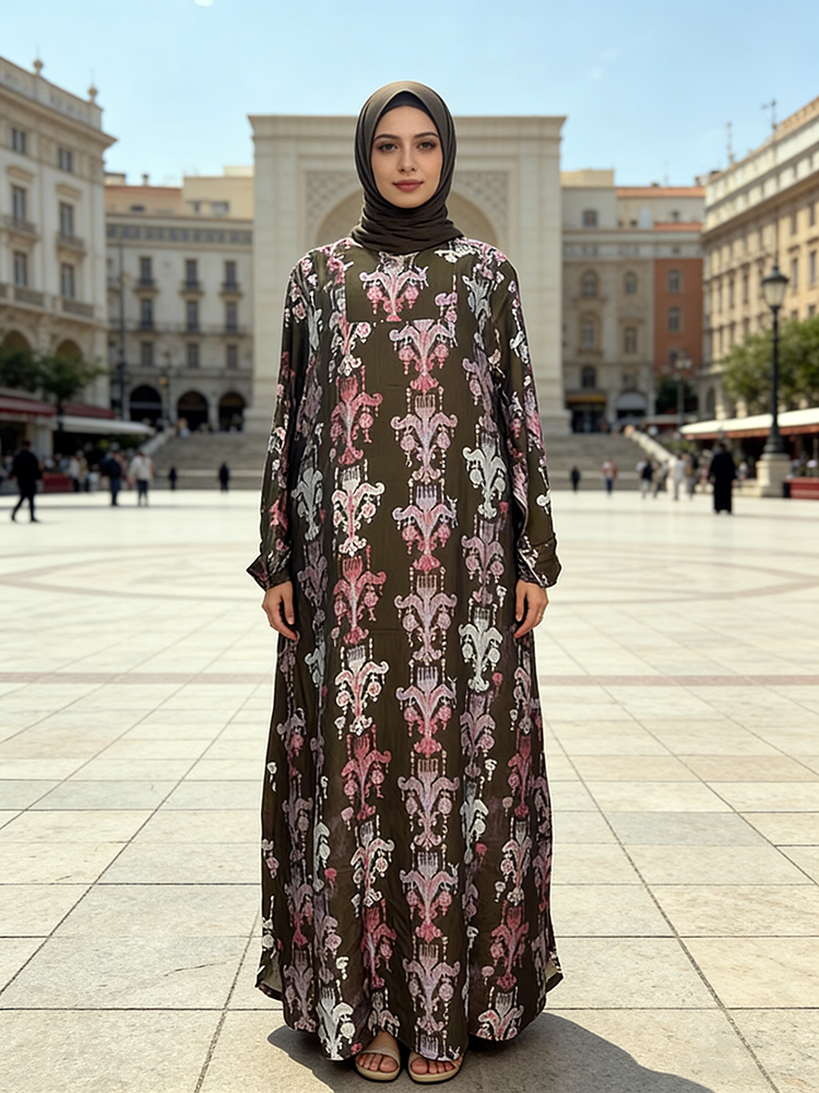 Women's Eco-Friendly Rayon Muslim Flower Pattern Dress Floral Printed Button Soft Ivory Base Handcrafted Floor-Length Casual