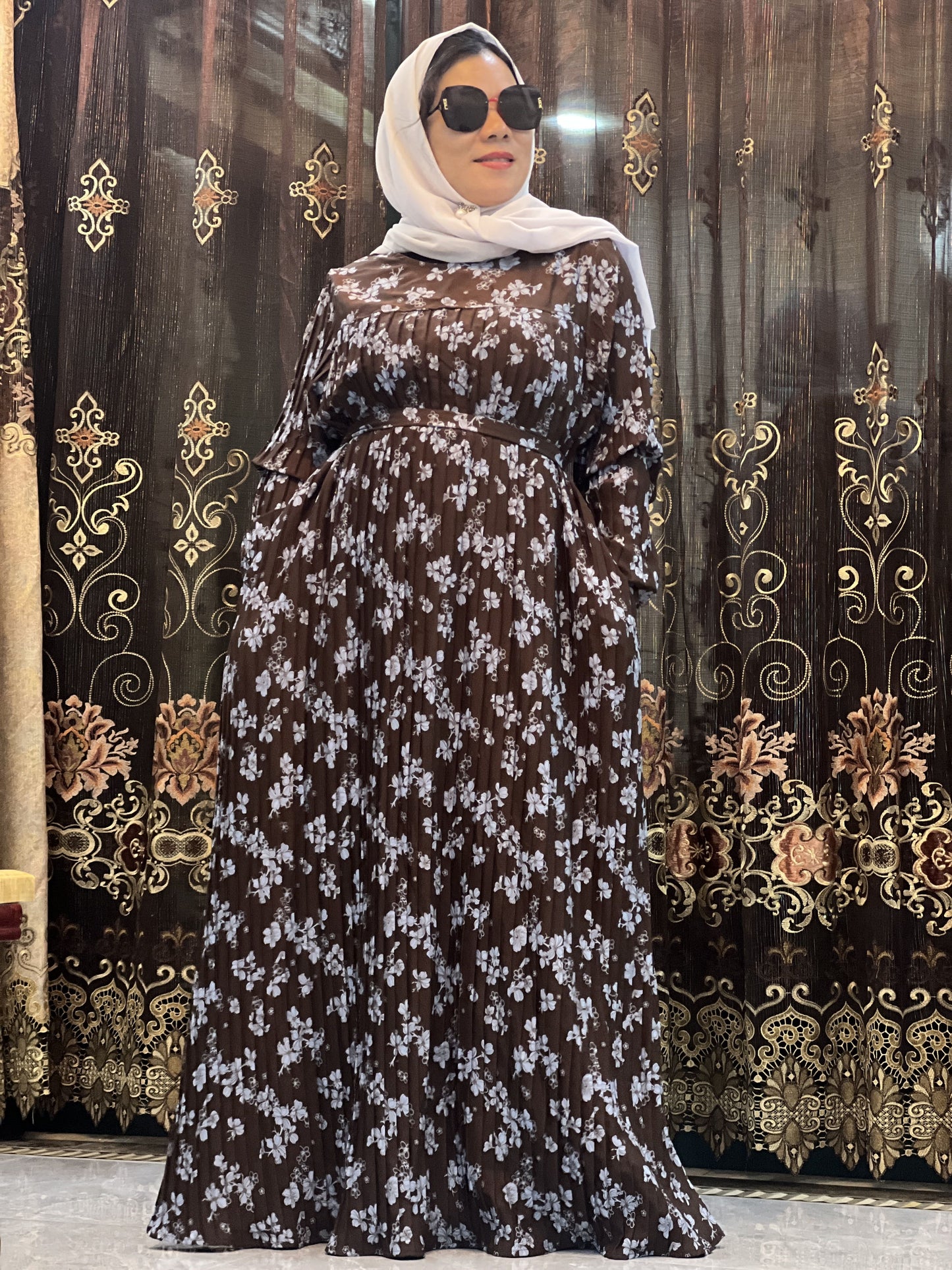【AH29-3】Women Dubai Pleated Tiger Leopard Kaftan Farasha Caftan Long Maxi Dress Long Sleeves Georgette Ethnic, Bridal, Evening, Party, Wedding Dress