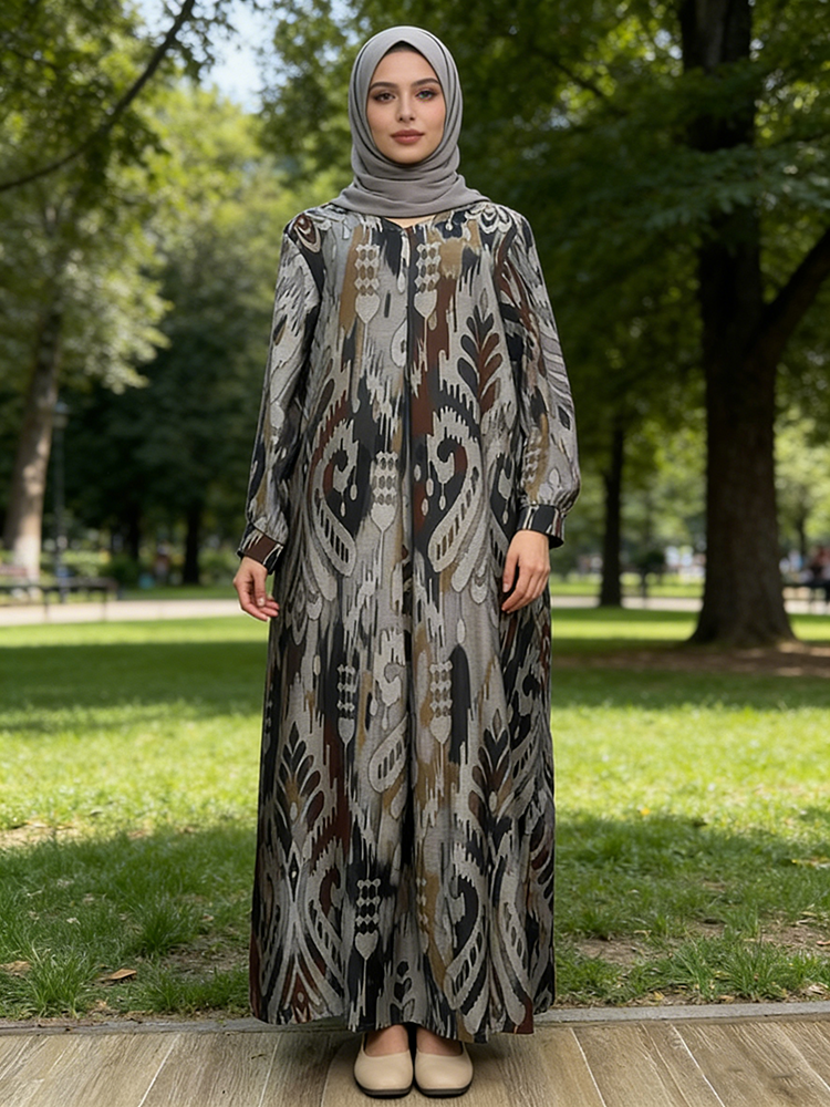 Elegant Ladies Muslim Dress New Fashion Robe Print Plus Size Loose Wholesale for Women Supply Modest Abaya One Breathable