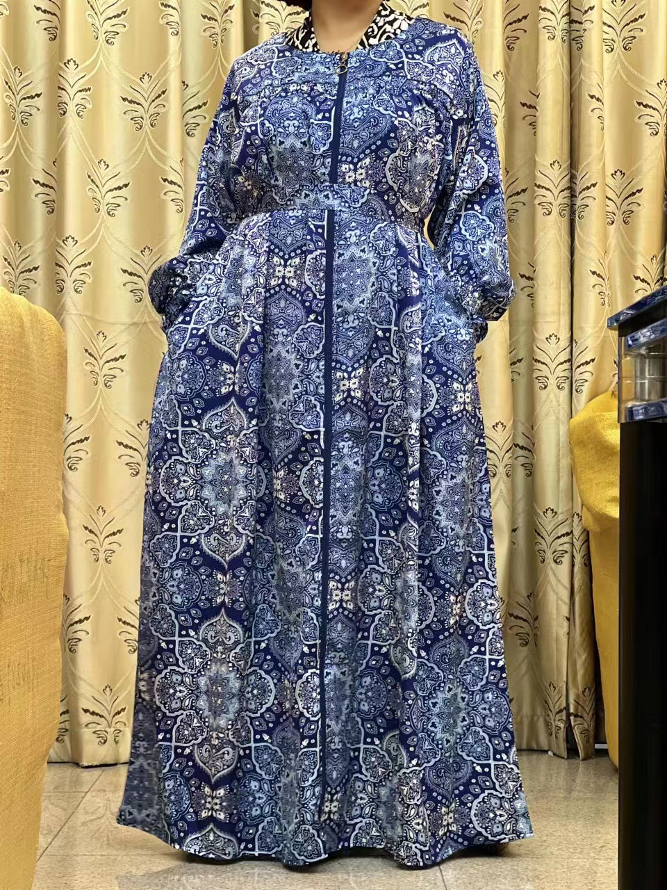 A【H88】Women Dubai Watercolour printing Kaftan Farasha Caftan Long Maxi Dress Long Sleeves Georgette Ethnic, Bridal, Evening, Party, Wedding Dress