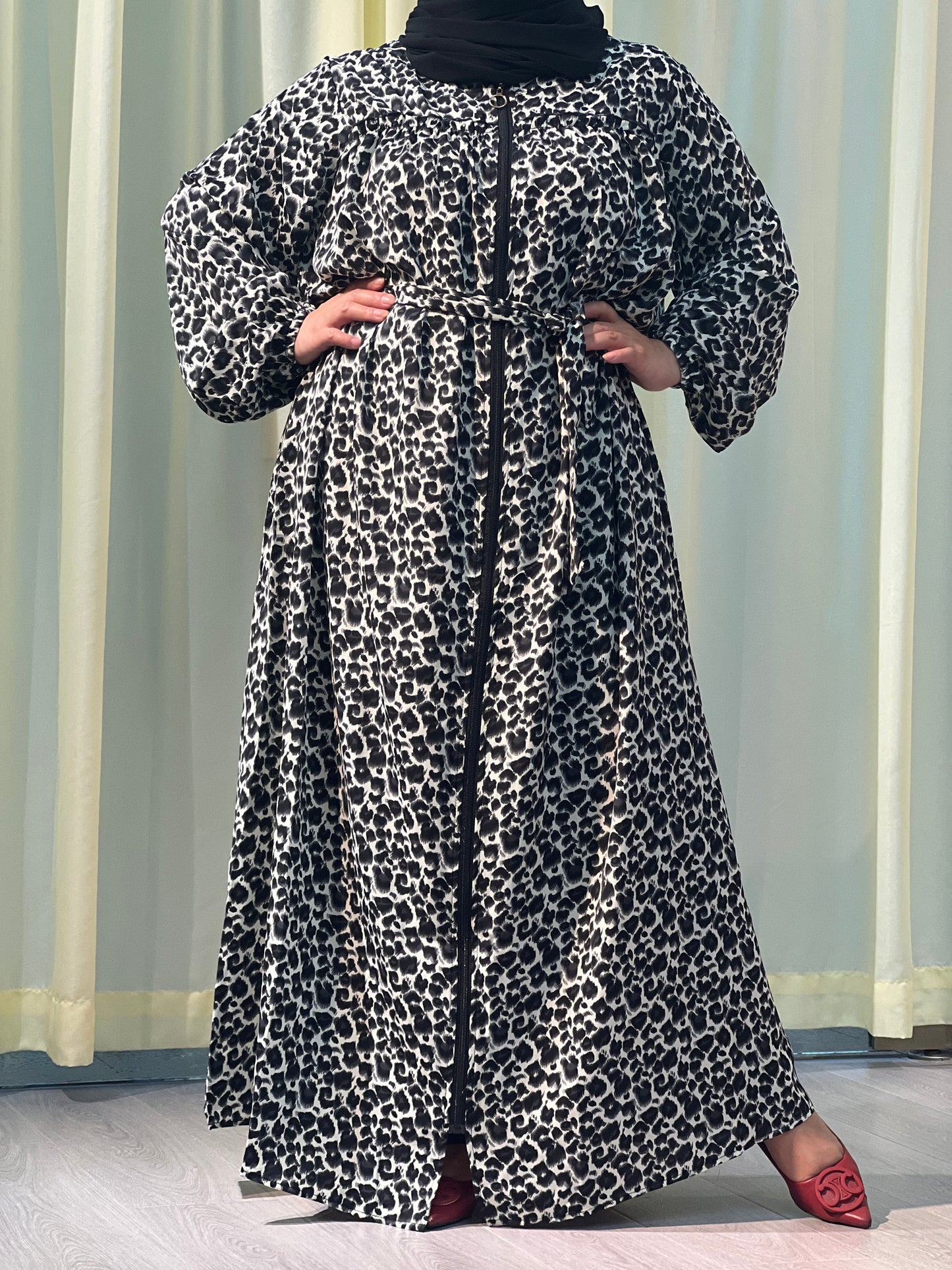 A1【H88】Muslim Dubai Women's Tiger Print Pleated Long Sleeve Loose Dress