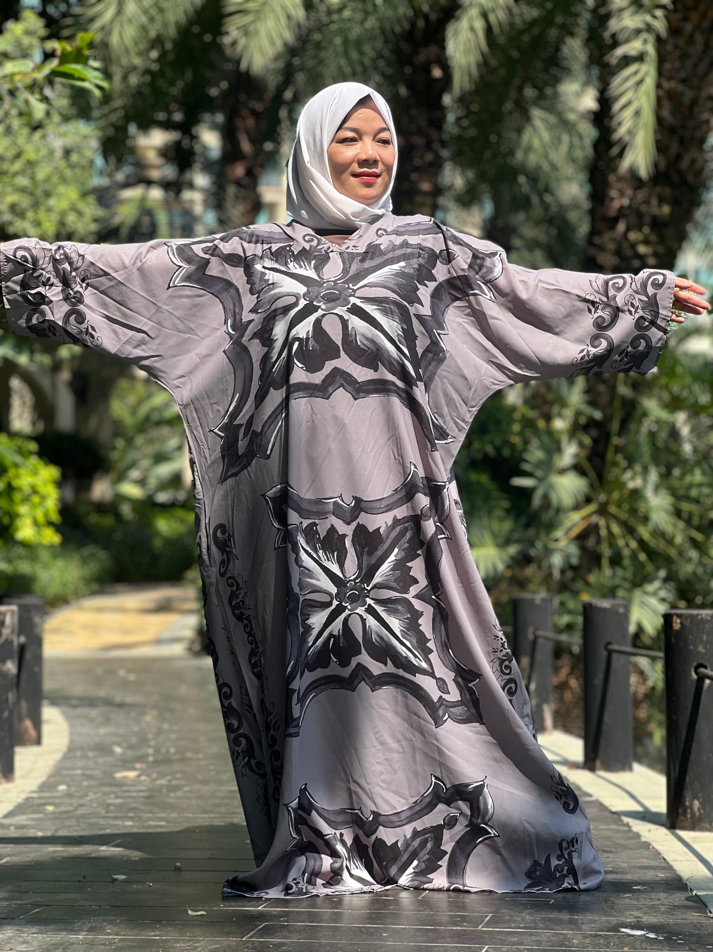 A3【H58】Muslim Dubai Women's Print Pleated Long Sleeve Loose Dress