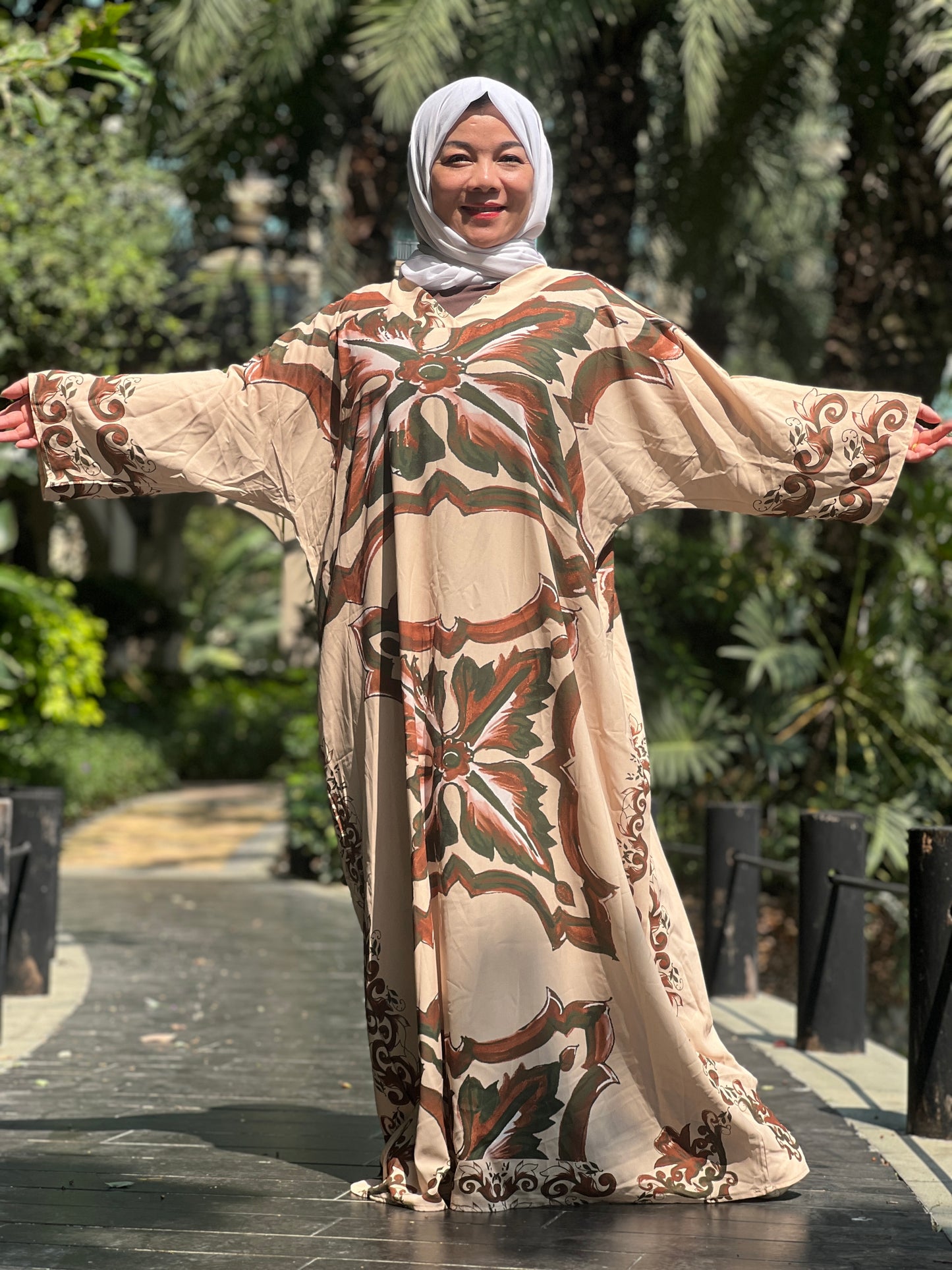 A3【H58】Muslim Dubai Women's Print Pleated Long Sleeve Loose Dress