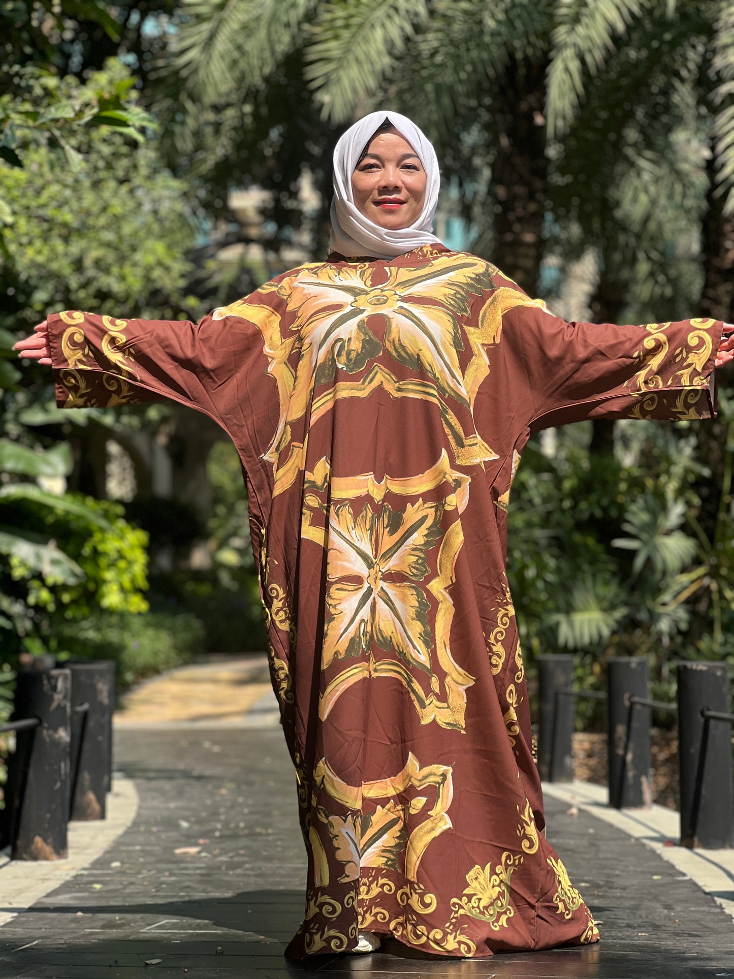 A3【H58】Muslim Dubai Women's Print Pleated Long Sleeve Loose Dress