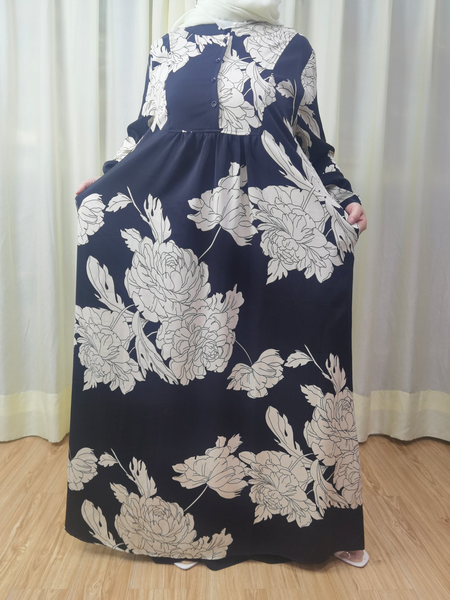 A1【Y013】Women Dubai Watercolour printing Long Maxi Dress Long Sleeves for 2024 eid new fabeic new style