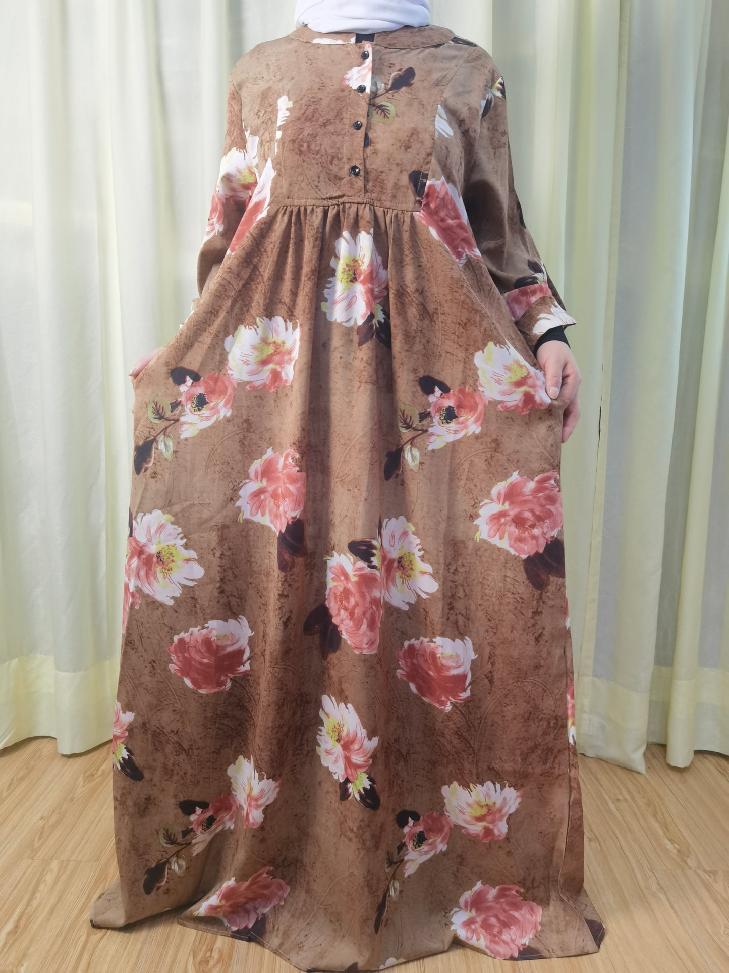 A8【Y013】Women Dubai Watercolour printing Long Maxi Dress Long Sleeves for 2024 eid new fabeic new style