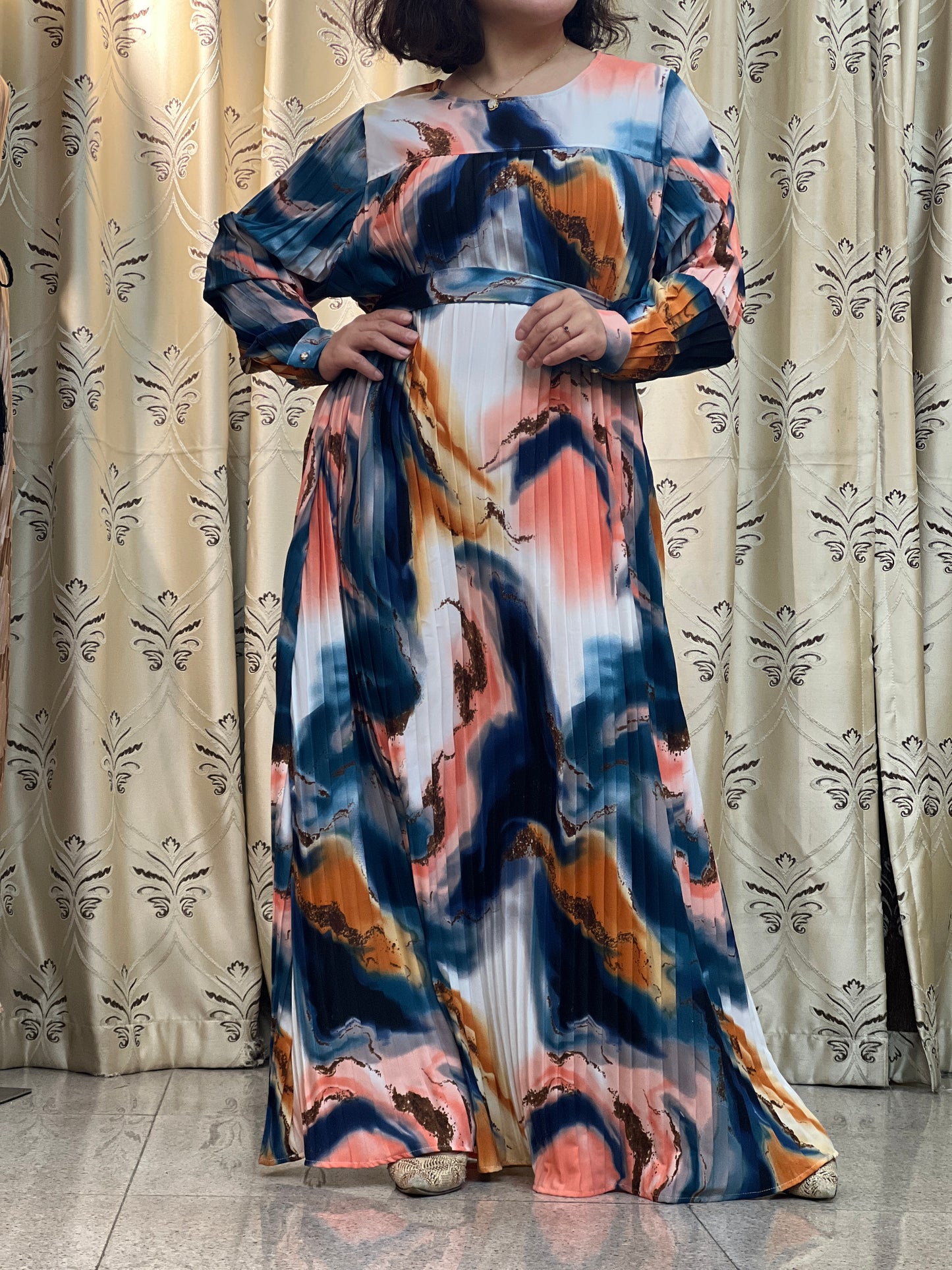 【AH29-3】Women Dubai Pleated Tiger Leopard Kaftan Farasha Caftan Long Maxi Dress Long Sleeves Georgette Ethnic, Bridal, Evening, Party, Wedding Dress