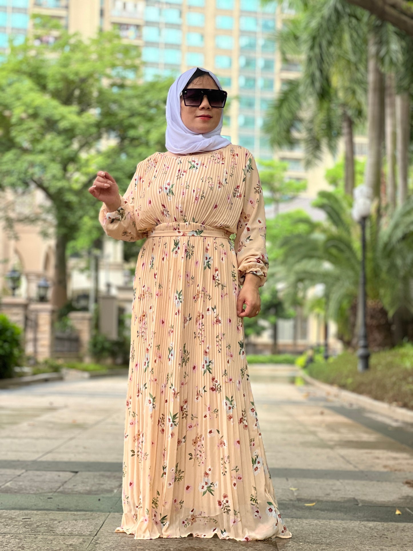 【H22-1】Muslim Women's plain pleated spinning print long dress