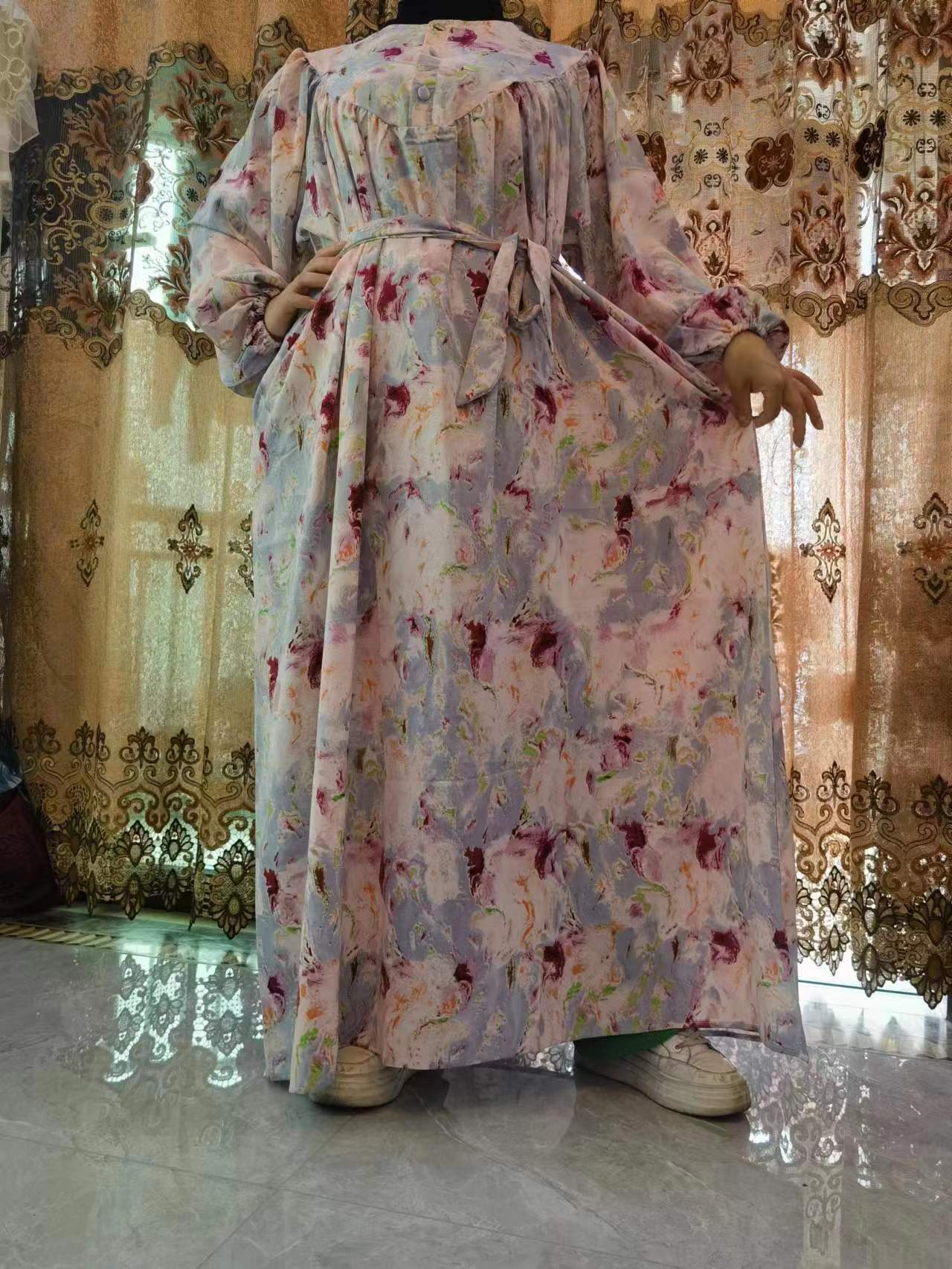B【531】Women Dubai Watercolour printing Kaftan Farasha Caftan Long Maxi Dress Long Sleeves Georgette Ethnic, Bridal, Evening, Party, Wedding Dress