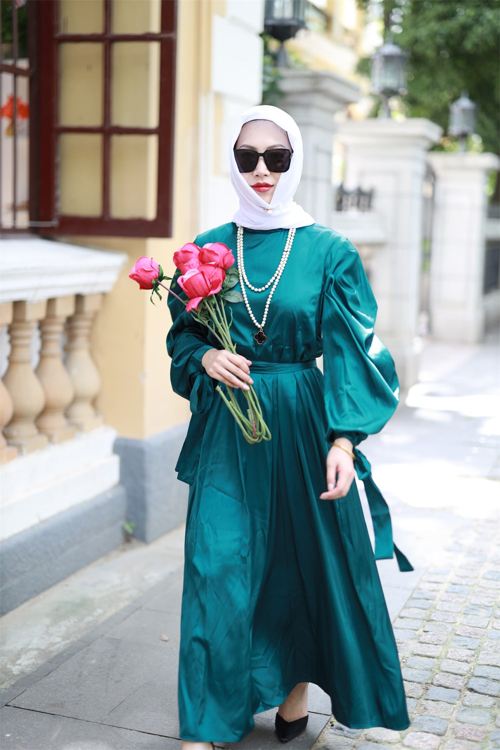 B【234-1】Women's Plain Satin Abaya Dress Round Collar Balloon Sleeve dress