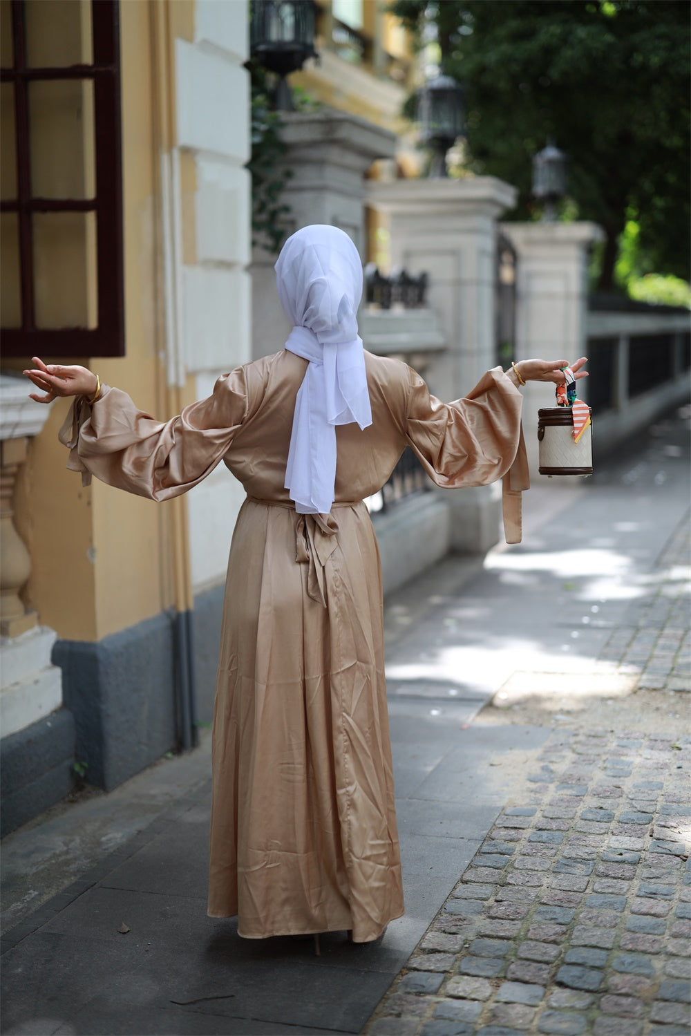 B【234-1】Women's Plain Satin Abaya Dress Round Collar Balloon Sleeve dress