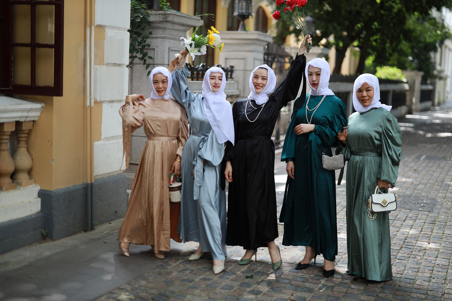 B【234-1】Women's Plain Satin Abaya Dress Round Collar Balloon Sleeve dress