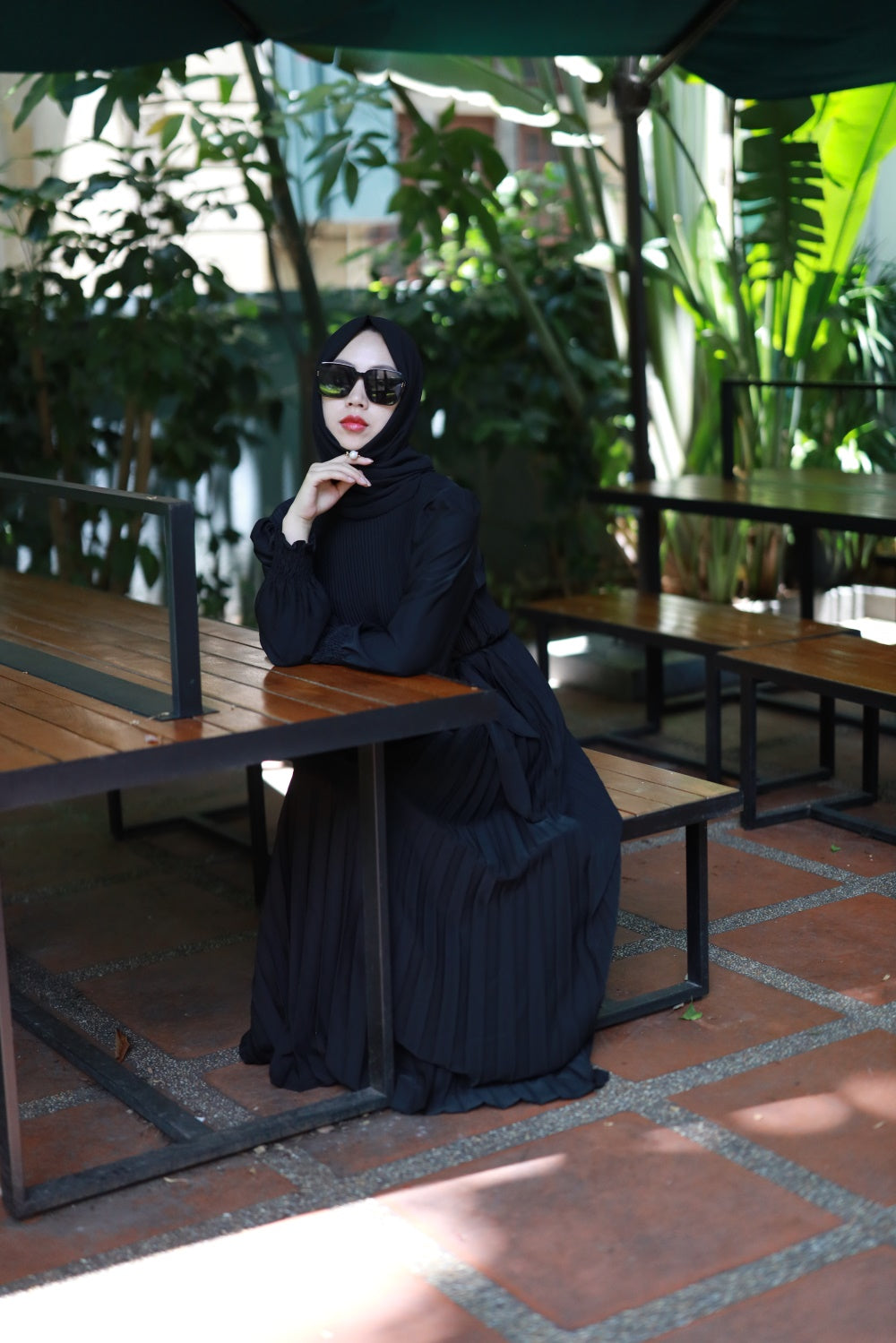 【B2106】Women's plain pleated long abaya dress