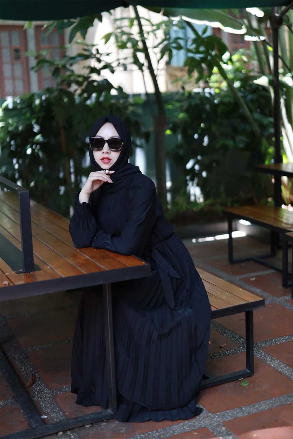 【B2106】Women's plain pleated long abaya dress