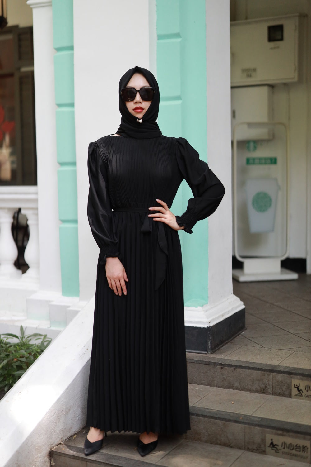 【B2106】Women's plain pleated long abaya dress