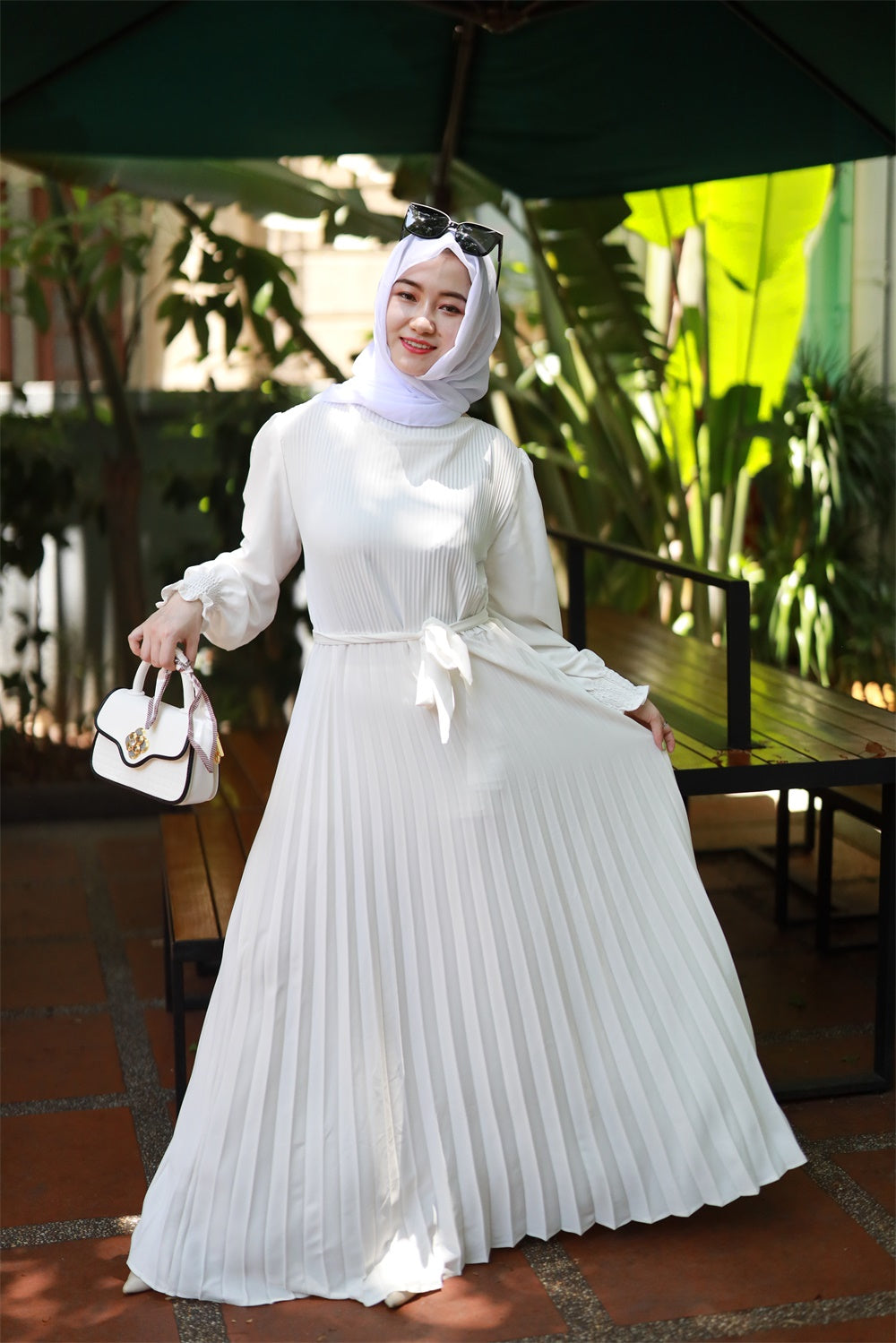 【B2106】Women's plain pleated long abaya dress