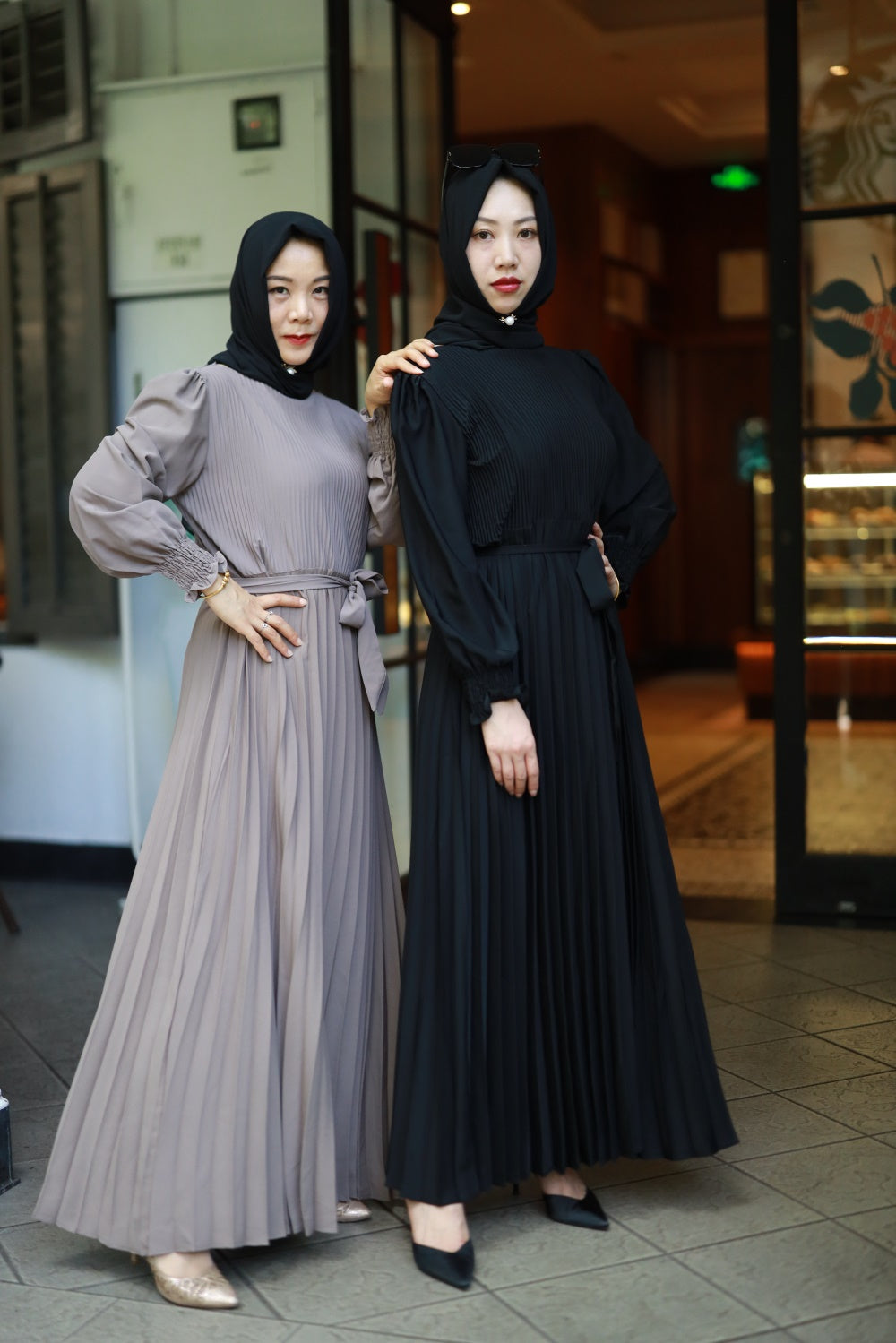 【B2106】Women's plain pleated long abaya dress