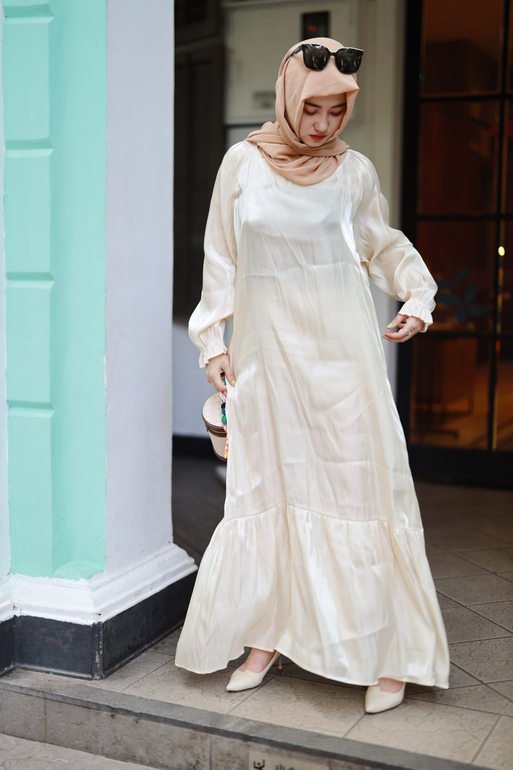 【T113】Rainbow Hot sale 4 colors Islamic clothing puff sleeve shiny long dress for Muslim Women