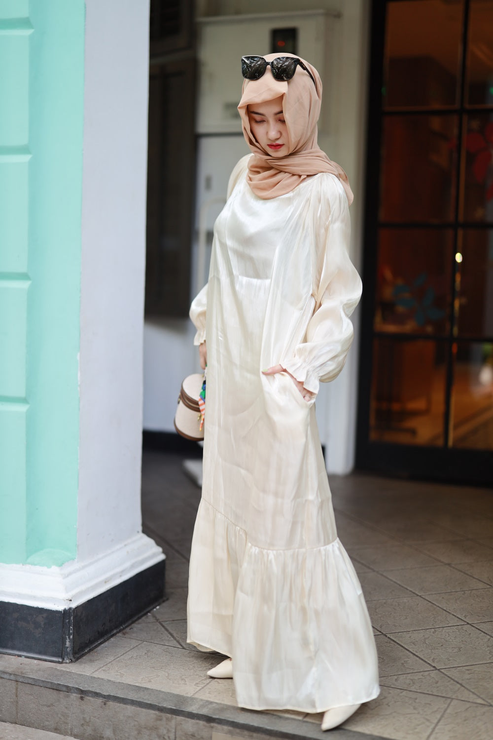 【T113】Rainbow Hot sale 4 colors Islamic clothing puff sleeve shiny long dress for Muslim Women