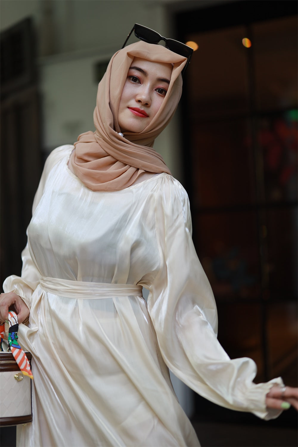 【T113】Rainbow Hot sale 4 colors Islamic clothing puff sleeve shiny long dress for Muslim Women