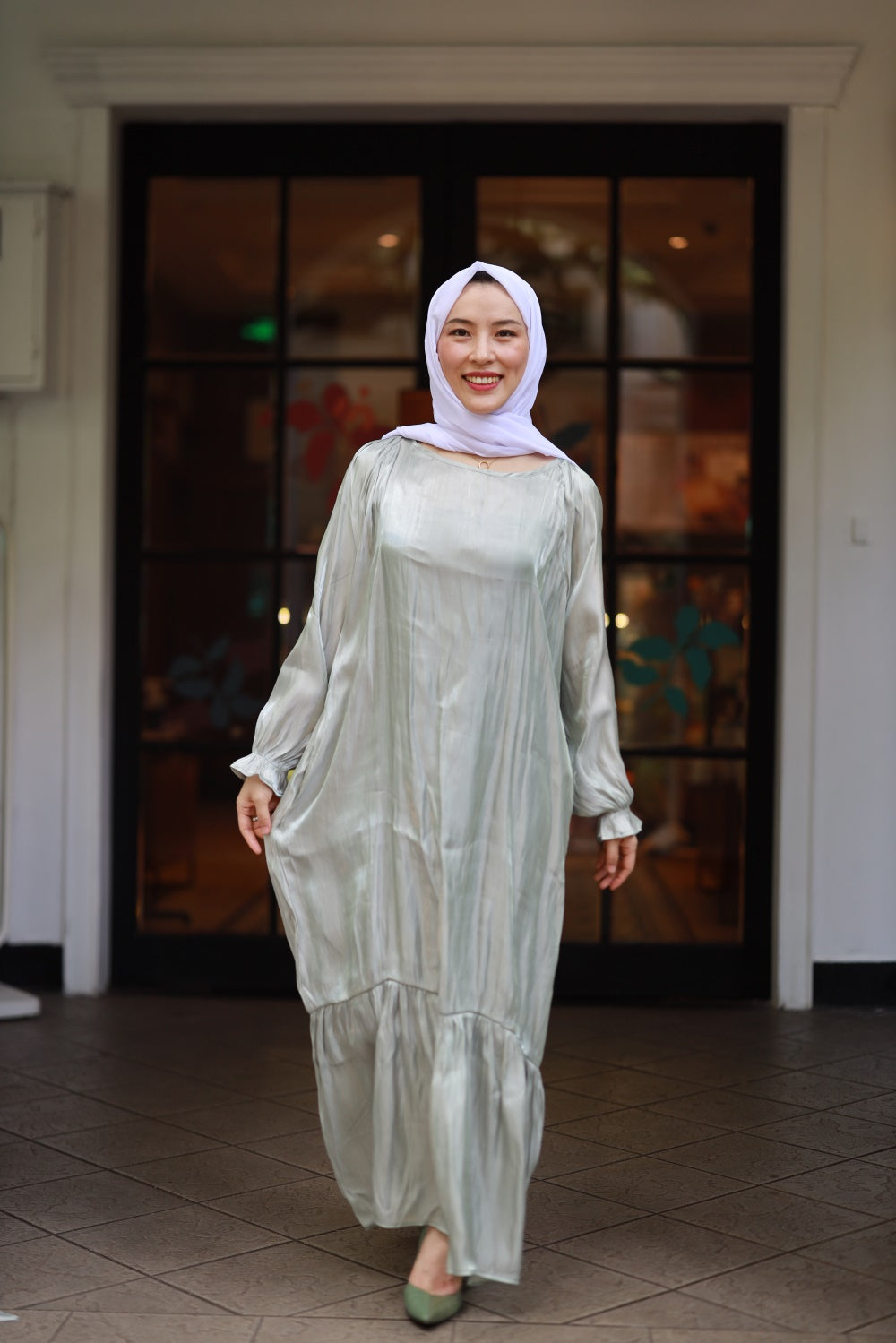 【T113】Rainbow Hot sale 4 colors Islamic clothing puff sleeve shiny long dress for Muslim Women