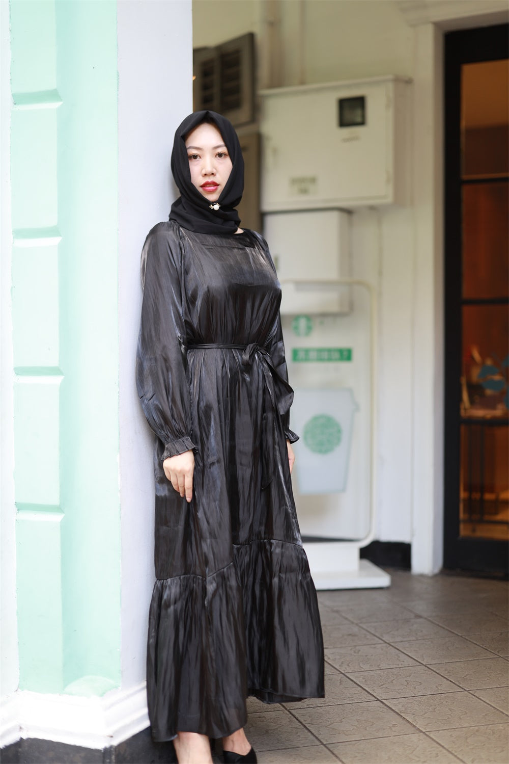 【T113】Rainbow Hot sale 4 colors Islamic clothing puff sleeve shiny long dress for Muslim Women