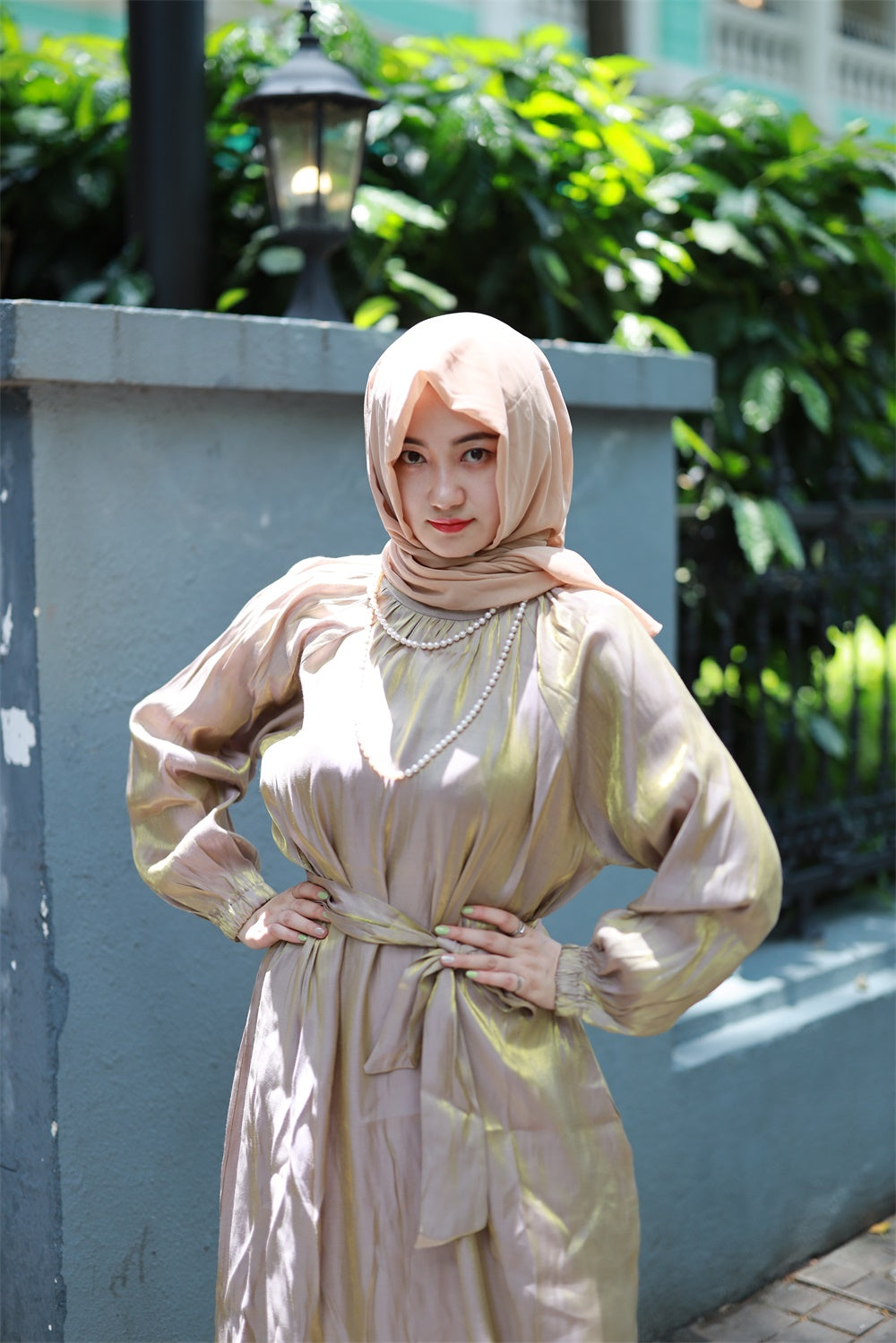 【T116】Muslim Women rainbow glossy Islamic long sleeve abaya