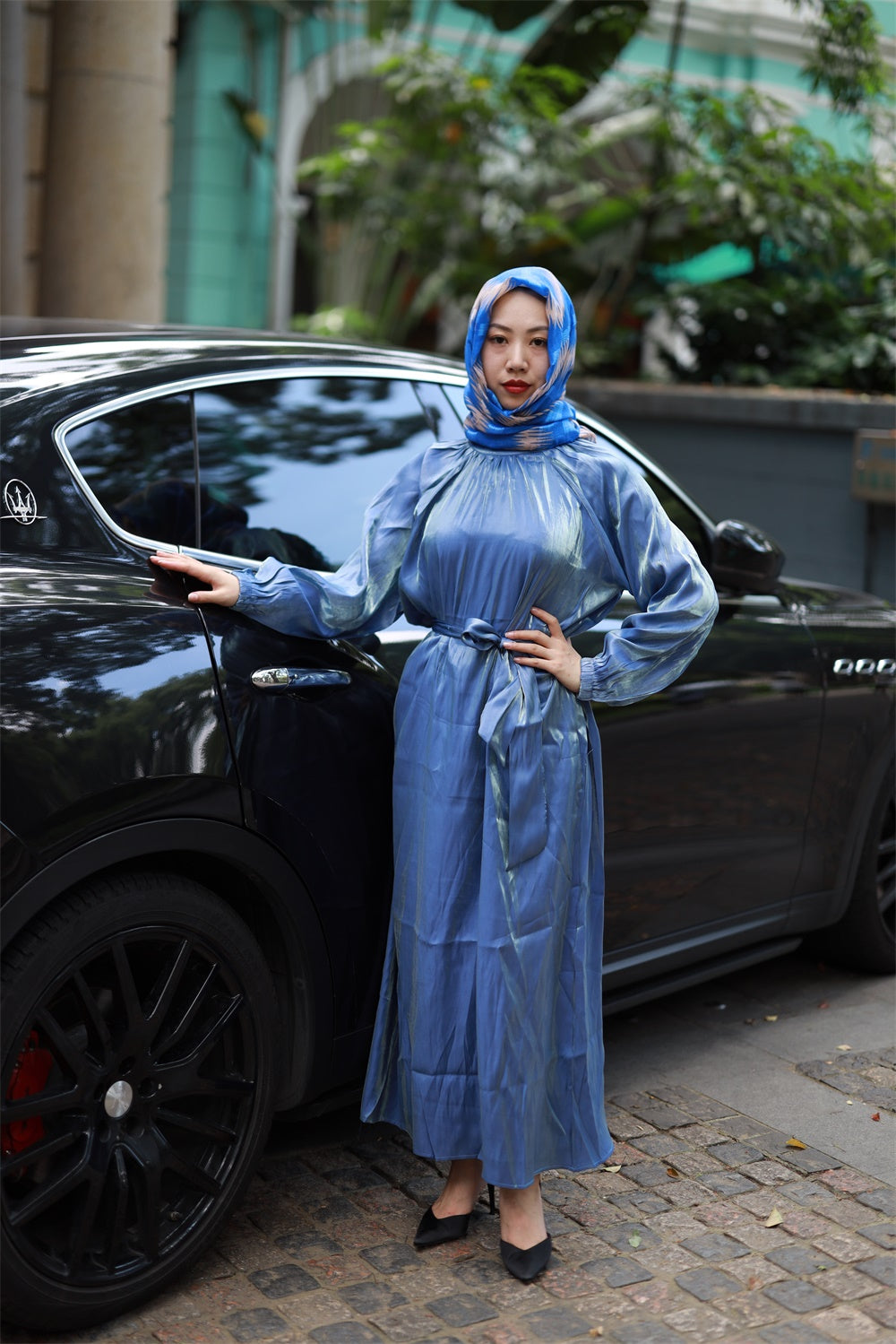 【T116】Muslim Women rainbow glossy Islamic long sleeve abaya