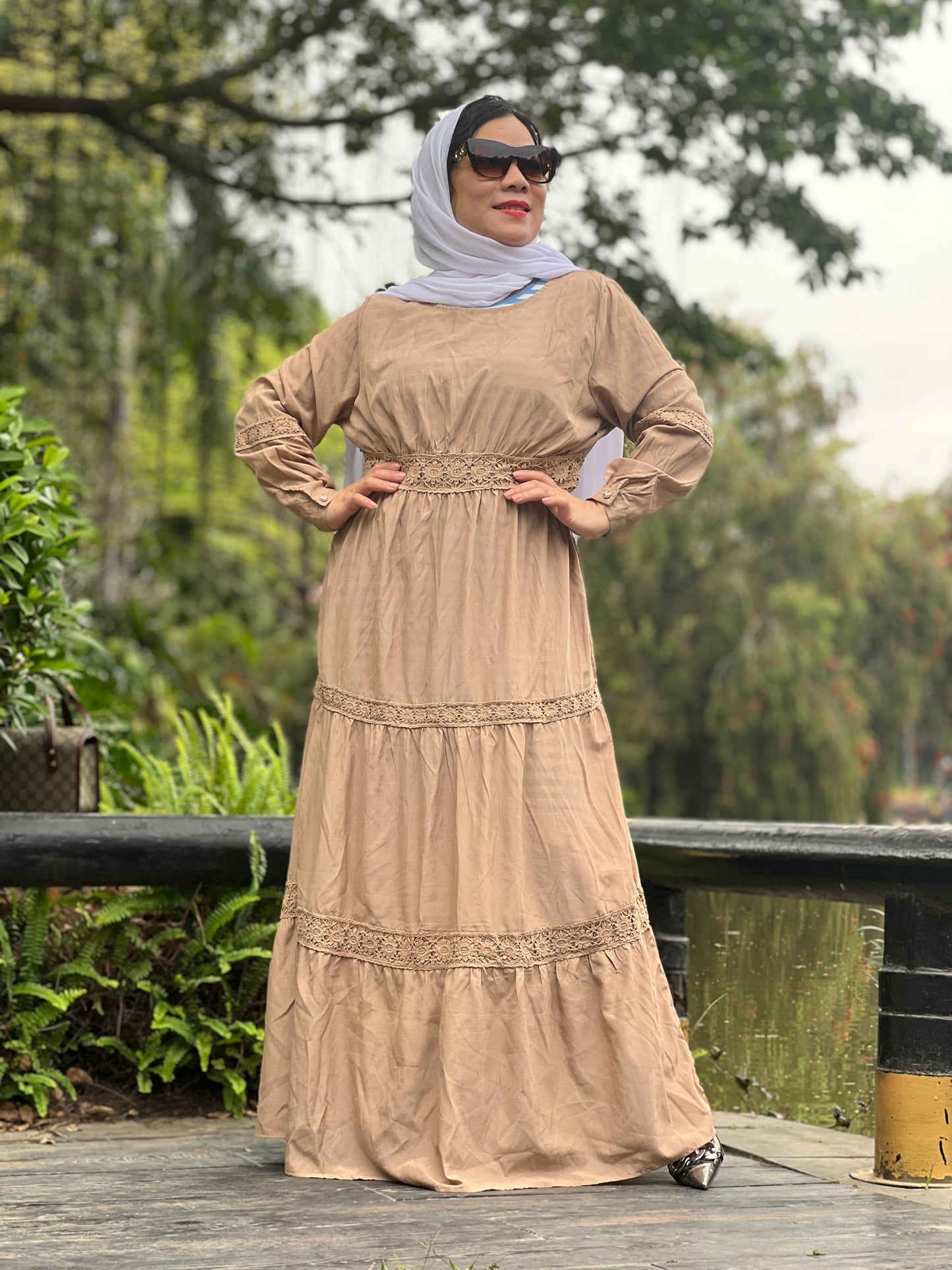 【A7214-2】Solid Loose Long Maxi Dress Cotton Linen Long Muslim Dress