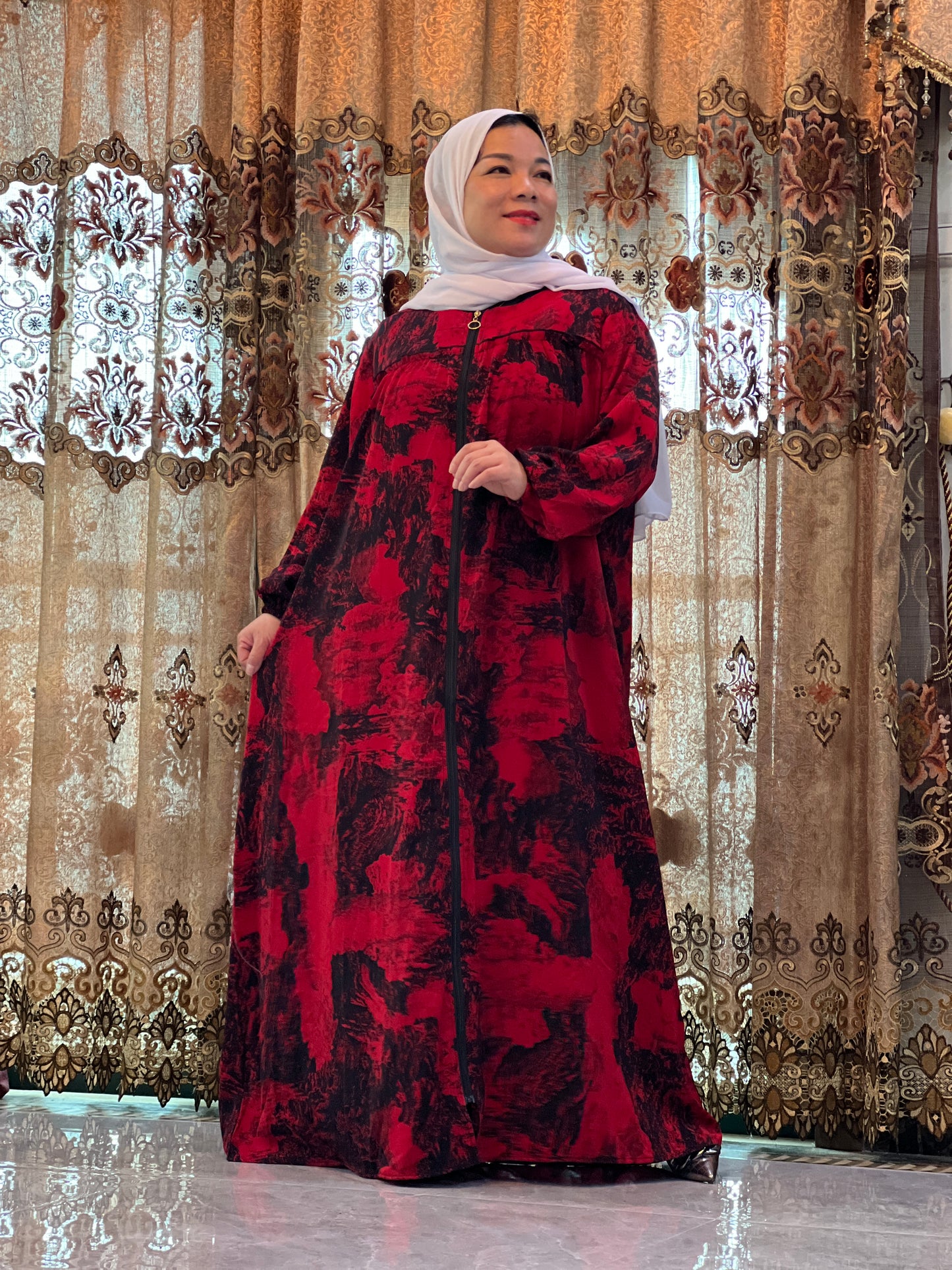 A3【H88】Women Dubai Watercolour printing Kaftan Farasha Caftan Long Maxi Dress Long Sleeves Georgette Ethnic, Bridal, Evening, Party, Wedding Dress
