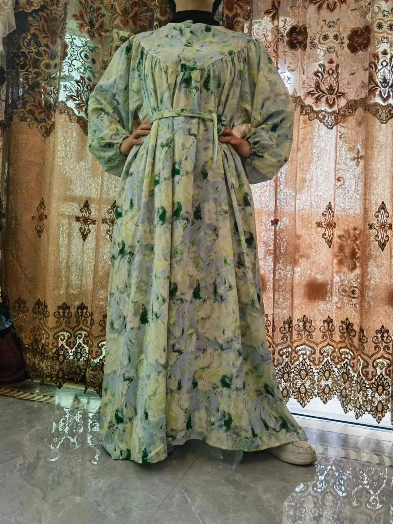 B【531】Women Dubai Watercolour printing Kaftan Farasha Caftan Long Maxi Dress Long Sleeves Georgette Ethnic, Bridal, Evening, Party, Wedding Dress