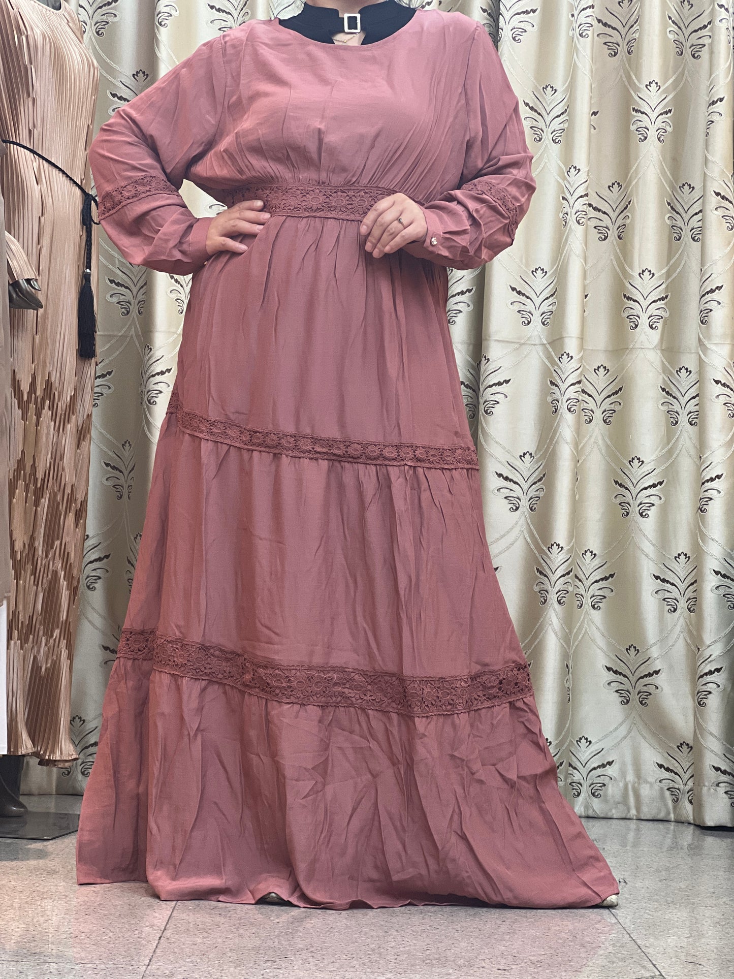 【A7214-2】Solid Loose Long Maxi Dress Cotton Linen Long Muslim Dress