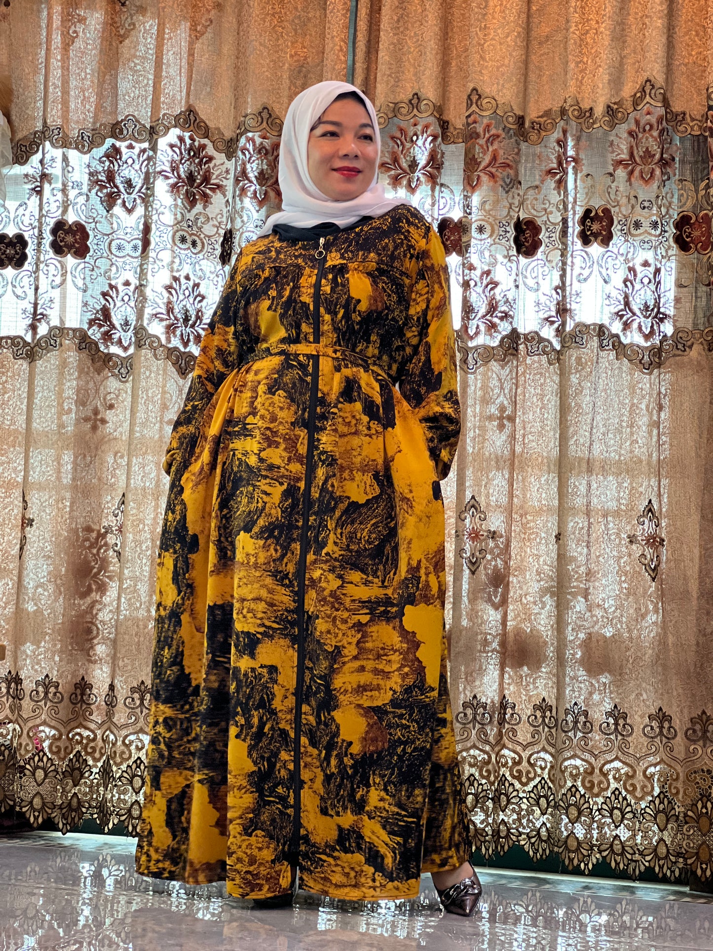 A3【H88】Women Dubai Watercolour printing Kaftan Farasha Caftan Long Maxi Dress Long Sleeves Georgette Ethnic, Bridal, Evening, Party, Wedding Dress