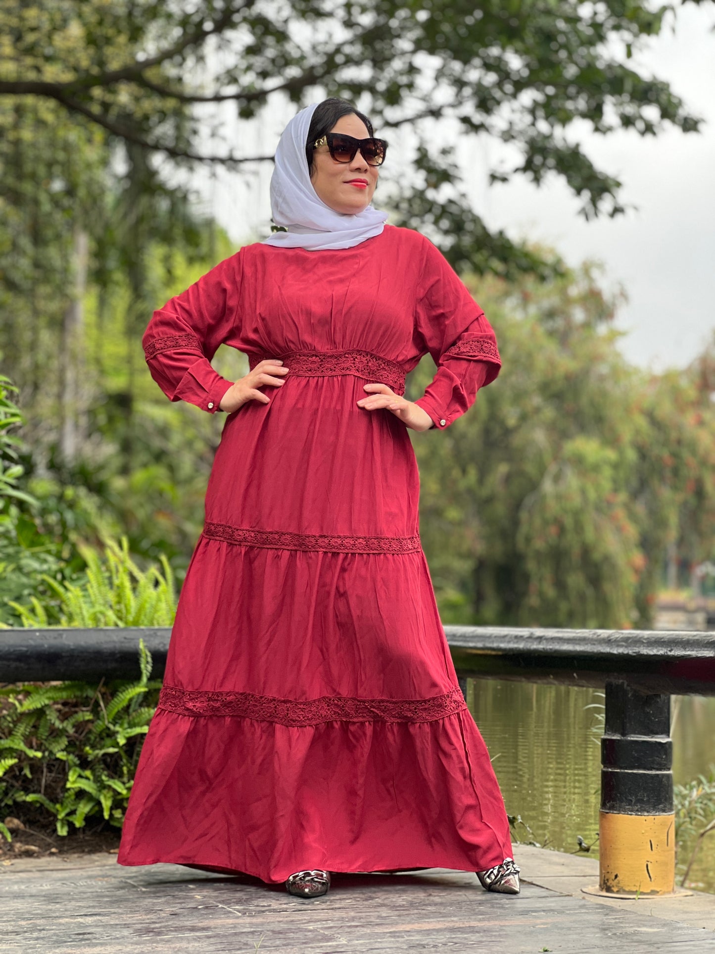 【A7214-2】Solid Loose Long Maxi Dress Cotton Linen Long Muslim Dress