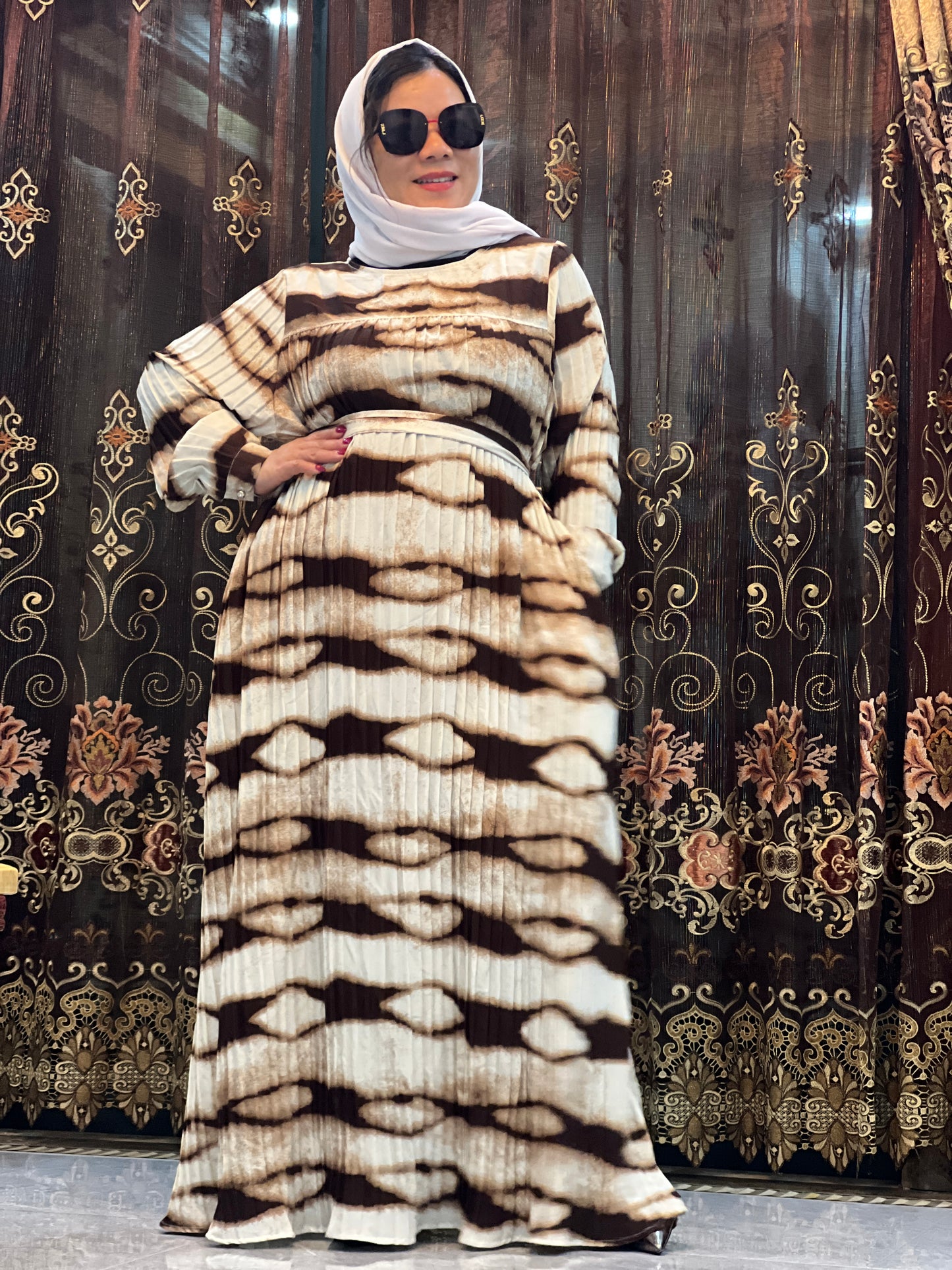 【AH29-3】Women Dubai Pleated Tiger Leopard Kaftan Farasha Caftan Long Maxi Dress Long Sleeves Georgette Ethnic, Bridal, Evening, Party, Wedding Dress