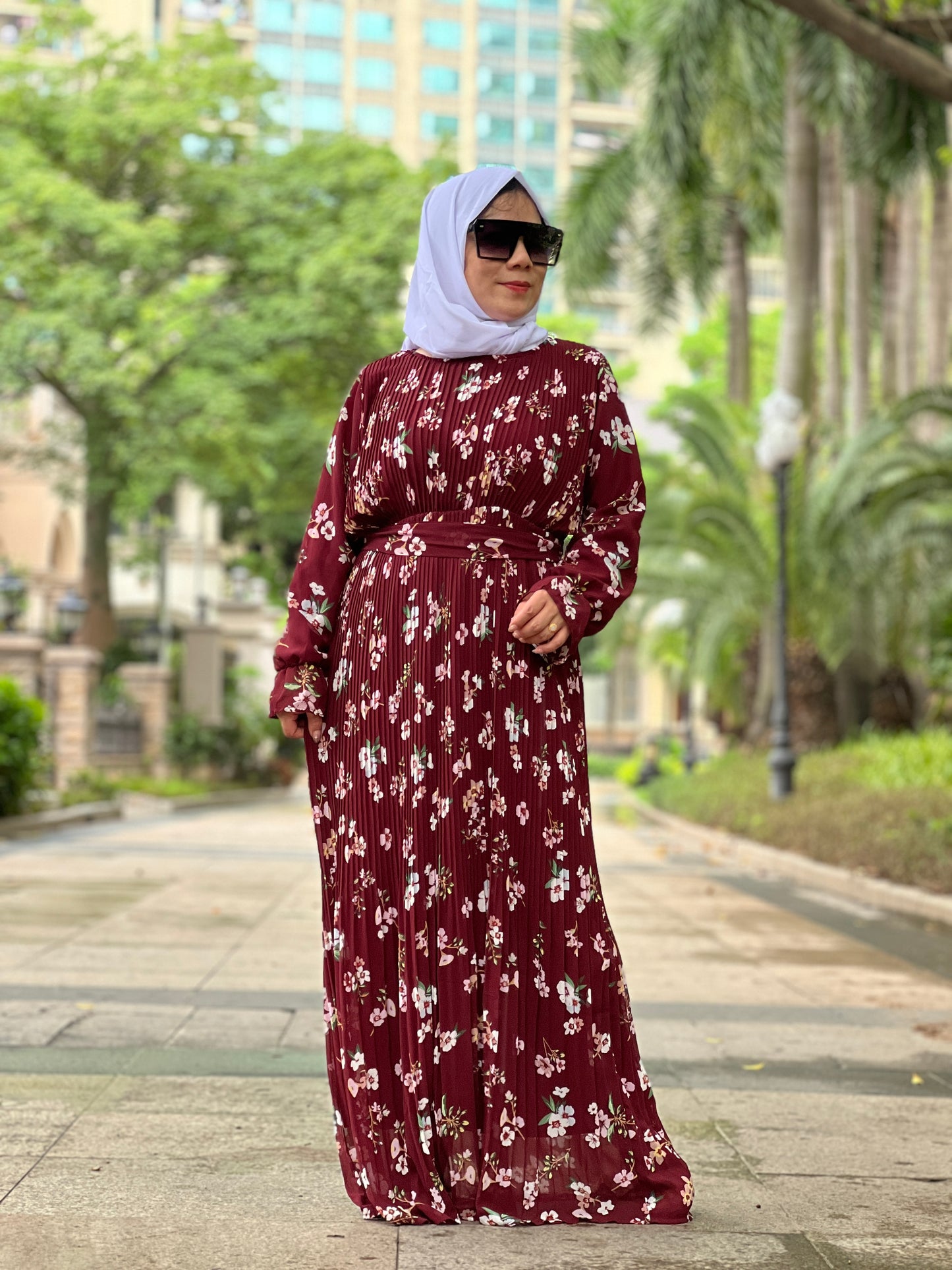【H22-1】Muslim Women's plain pleated spinning print long dress