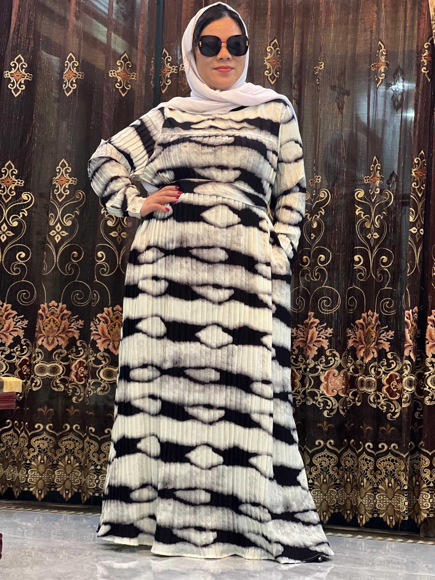 【AH29-3】Women Dubai Pleated Tiger Leopard Kaftan Farasha Caftan Long Maxi Dress Long Sleeves Georgette Ethnic, Bridal, Evening, Party, Wedding Dress
