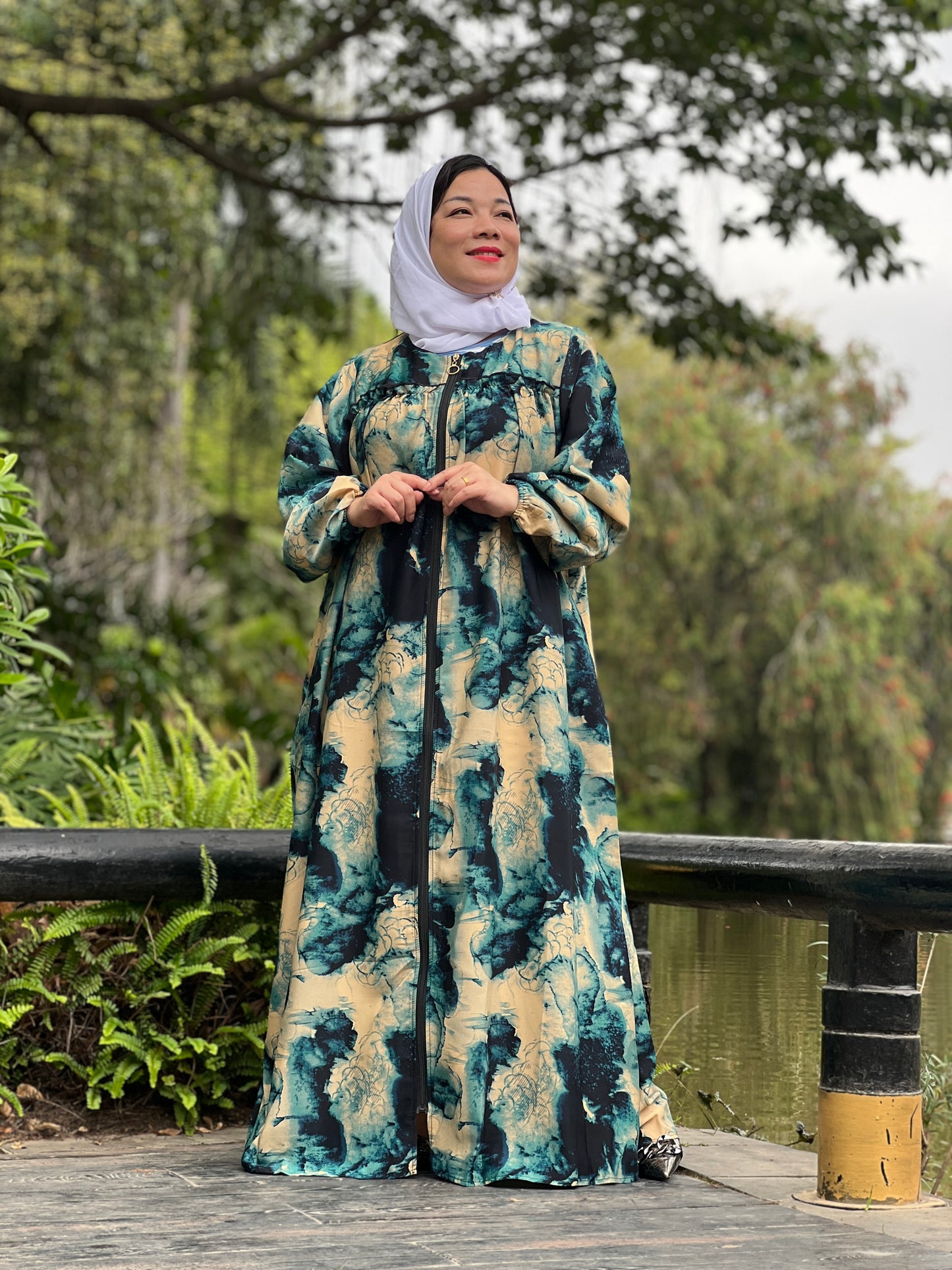 A3【H88】Women Dubai Watercolour printing Kaftan Farasha Caftan Long Maxi Dress Long Sleeves Georgette Ethnic, Bridal, Evening, Party, Wedding Dress