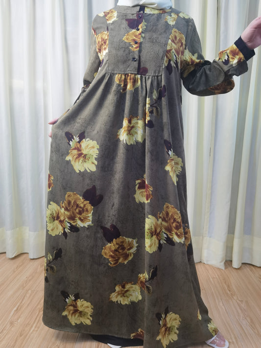 A8【Y013】Women Dubai Watercolour printing Long Maxi Dress Long Sleeves for 2024 eid new fabeic new style