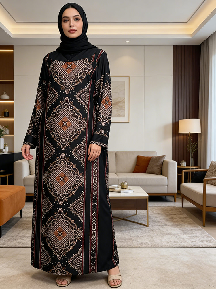 Abaya Style Women's Clothing  Design Rayon Suits Printed Geometry Design Kurta Suit Set for Muslim Dress