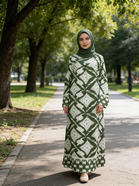 Modest Style Long Abaya dress Geometric/Floral Pattern four Size Linen Summer Wedding Casual Wear
