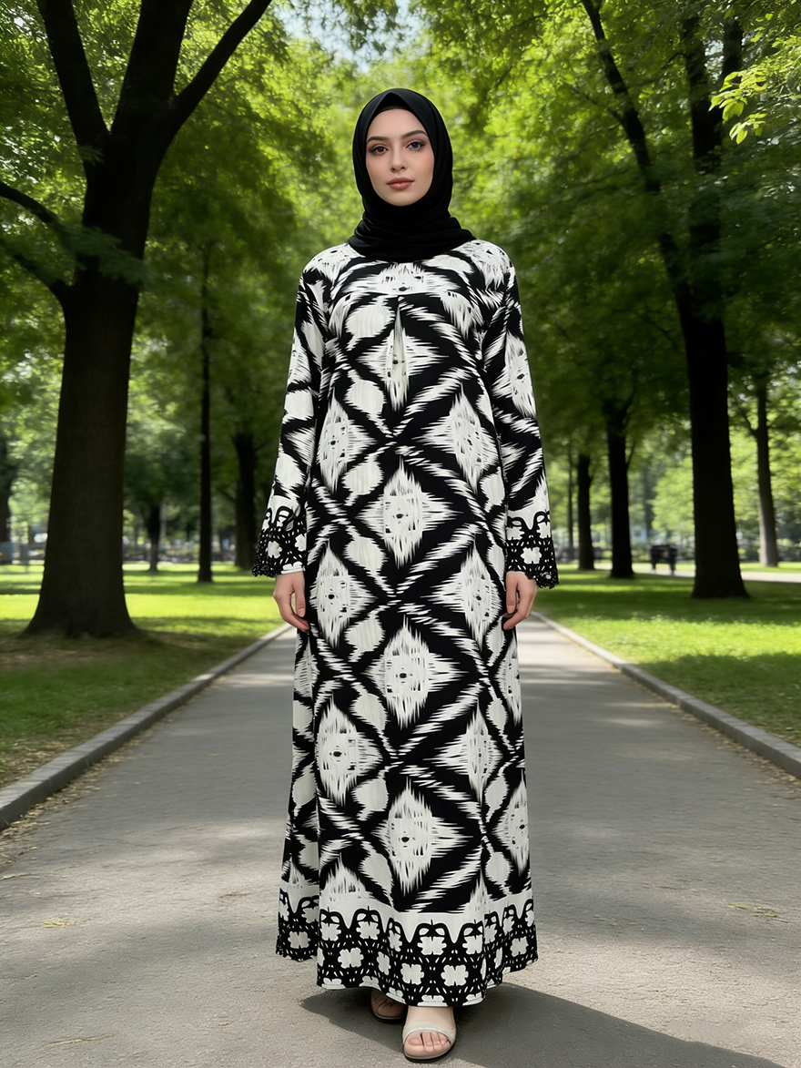 Modest Style Long Abaya dress Geometric/Floral Pattern four Size Linen Summer Wedding Casual Wear