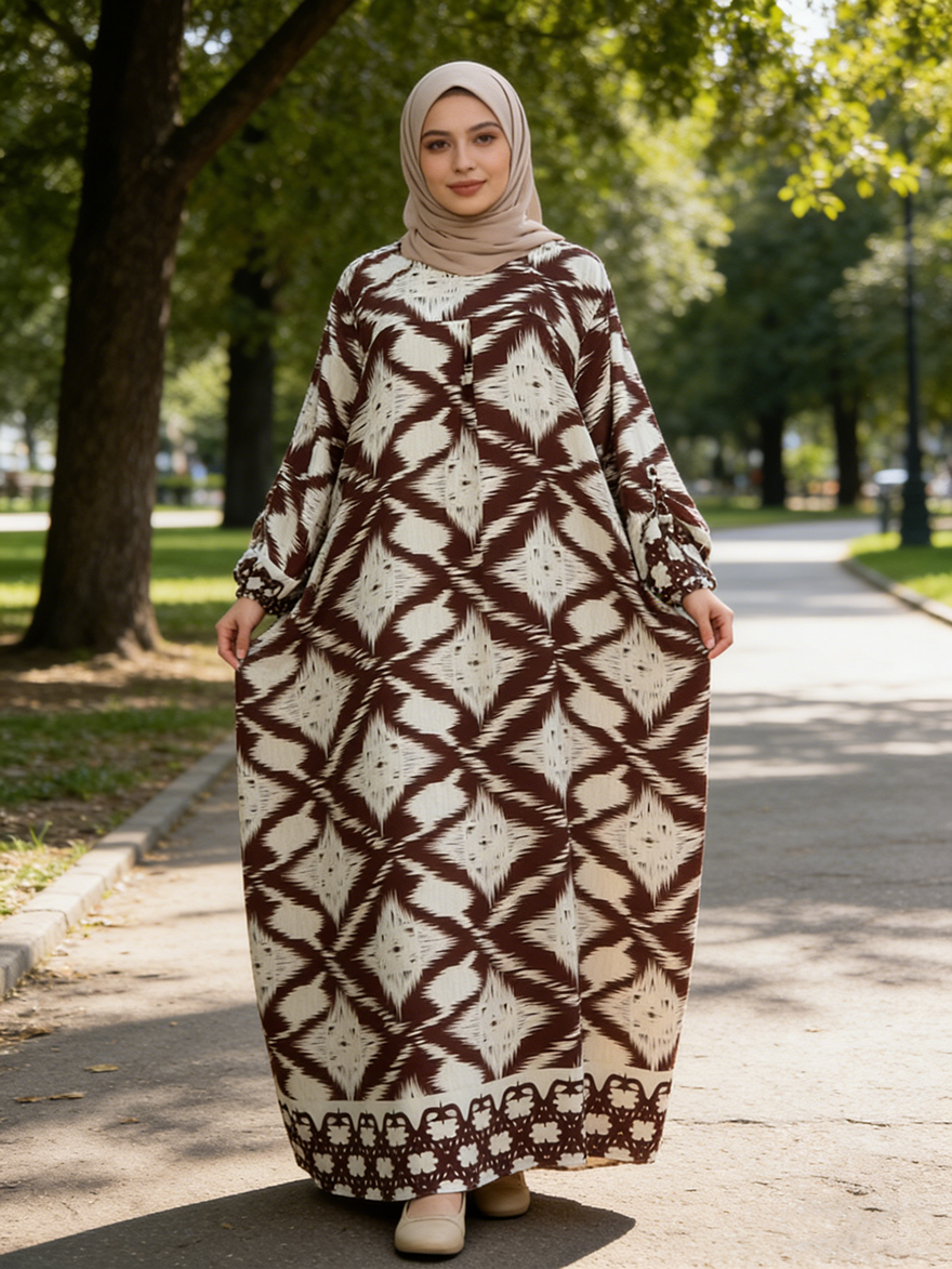 Modest Style Long Abaya dress Geometric/Floral Pattern four Size Linen Summer Wedding Casual Wear
