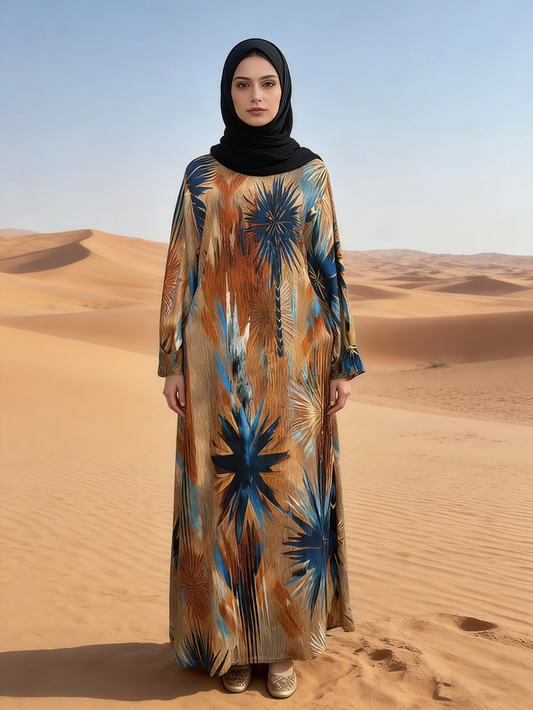 Summer Floral Long Sleeve Abaya Plus Size Women Handcrafted Digital Printed Anti-Static Modest Style Breathable Rayon